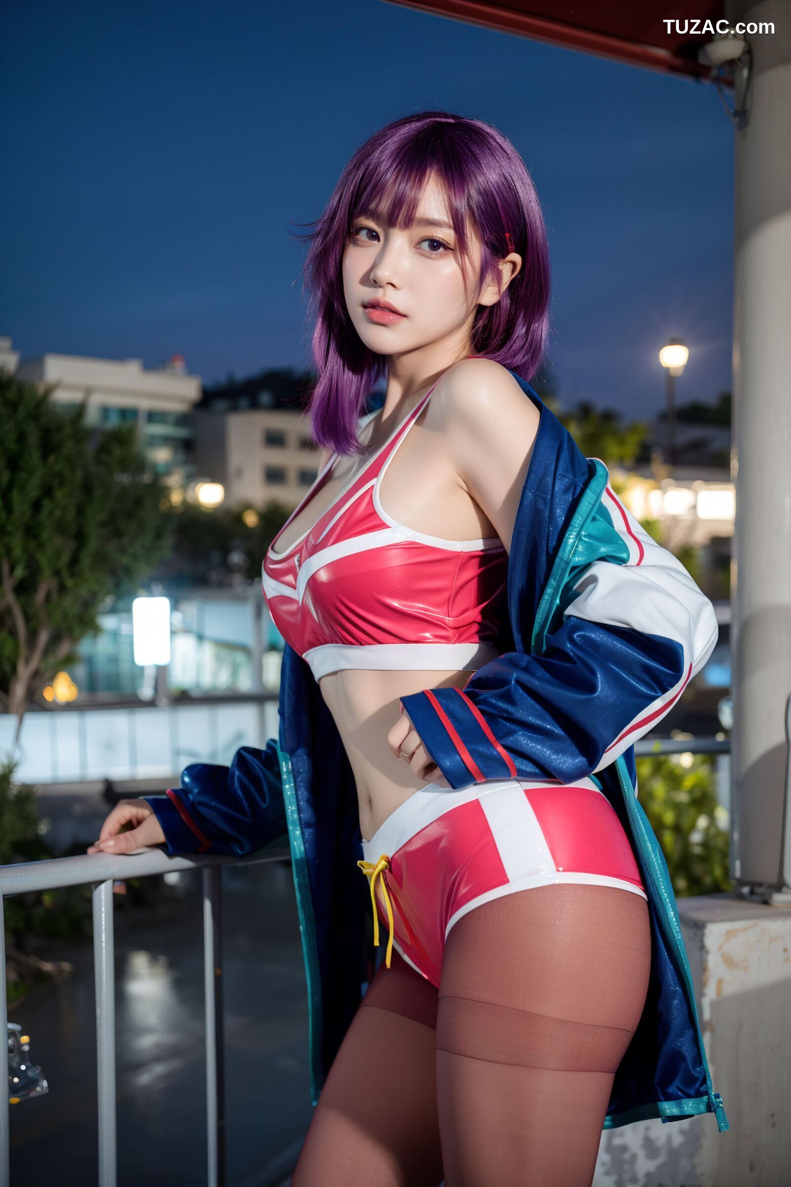 AI美女-拟实-蓝色外套粉色运行背心短裤紫色短发美女