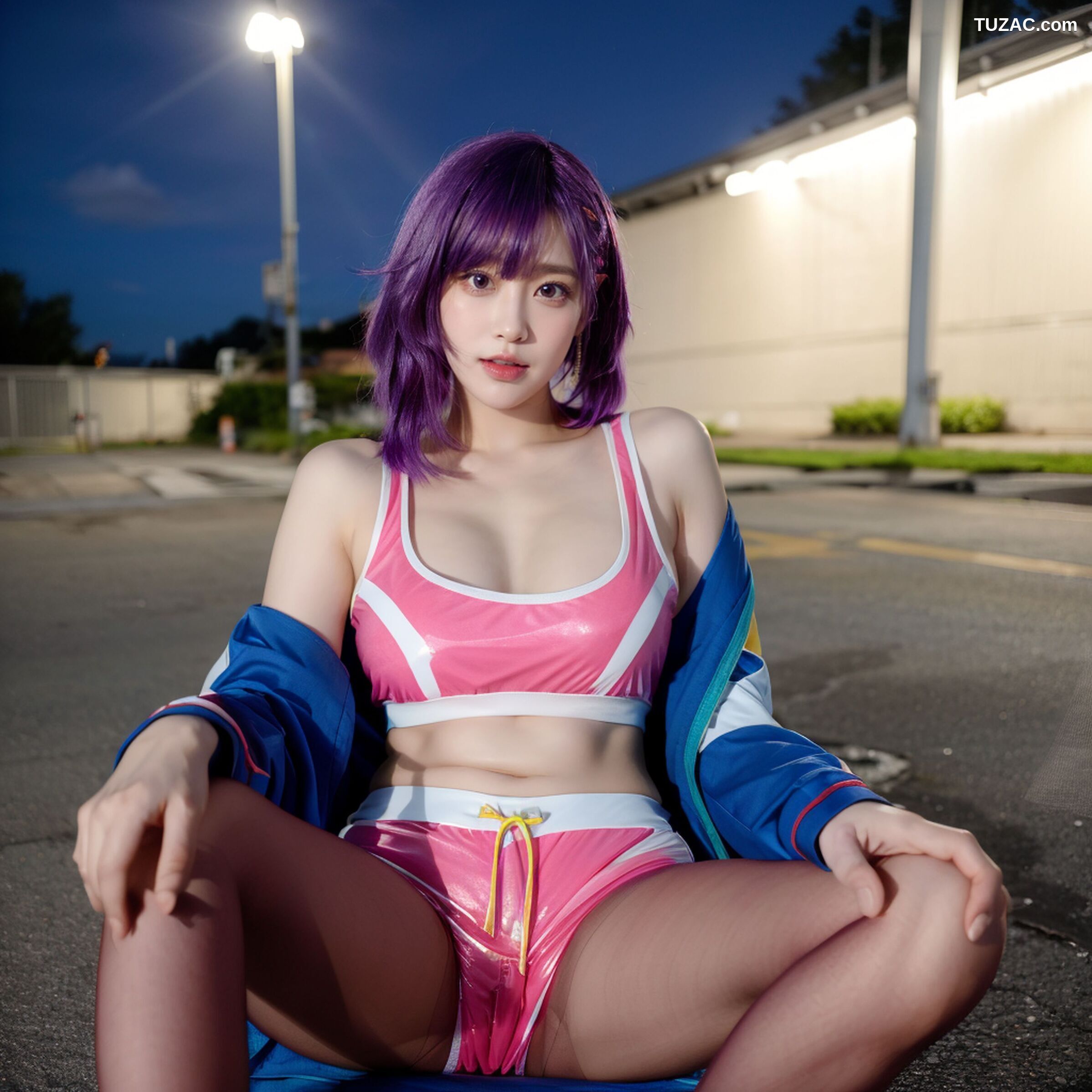 AI美女-拟实-蓝色外套粉色运行背心短裤紫色短发美女