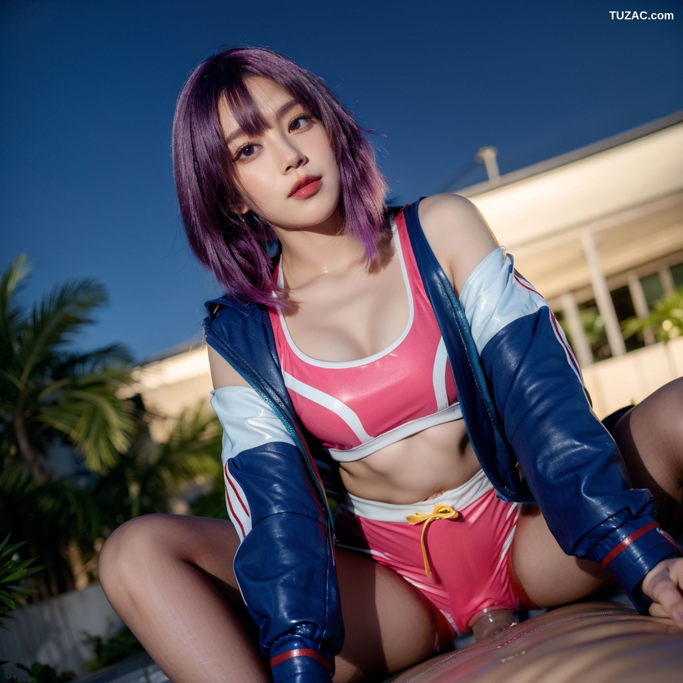 AI美女-拟实-蓝色外套粉色运行背心短裤紫色短发美女