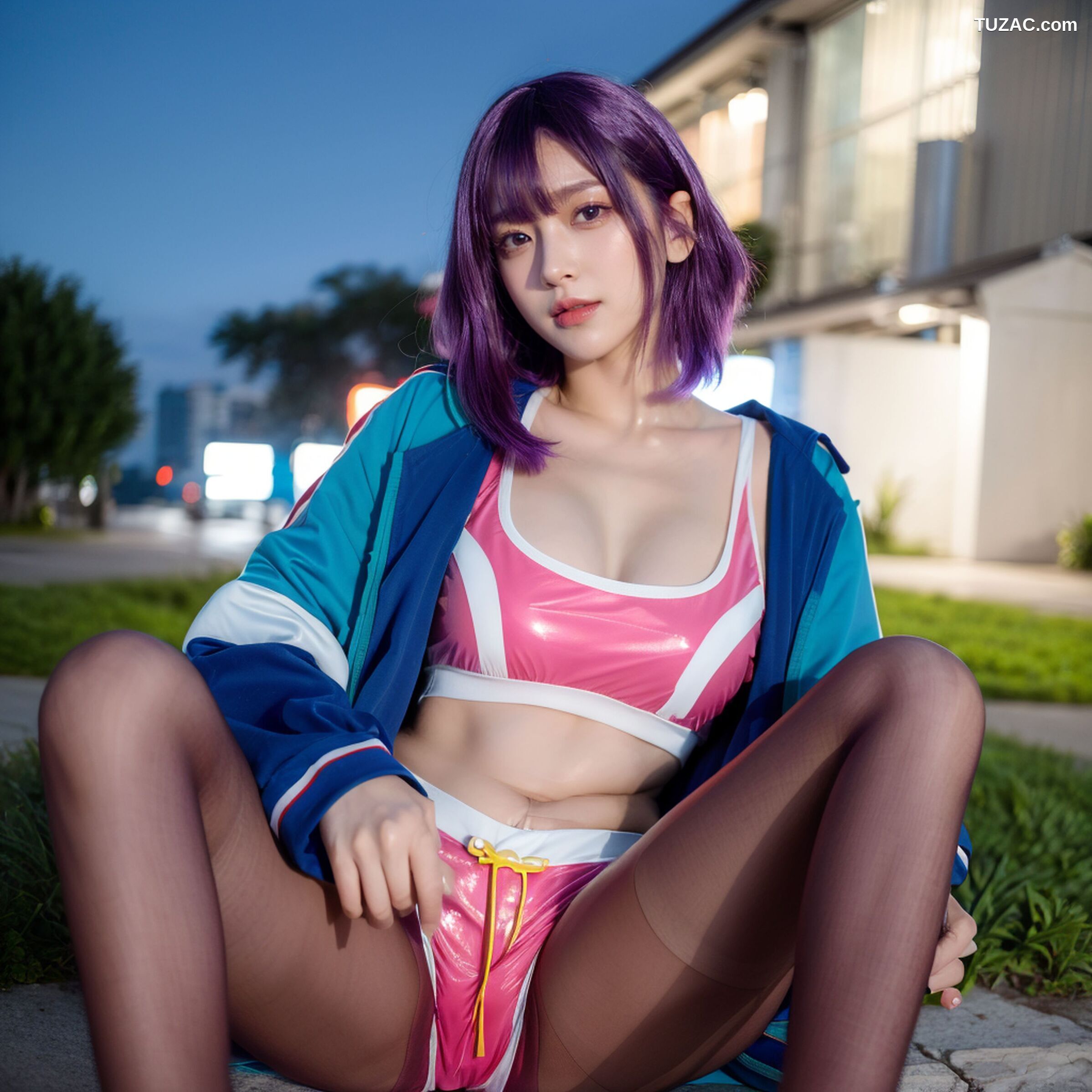 AI美女-拟实-蓝色外套粉色运行背心短裤紫色短发美女
