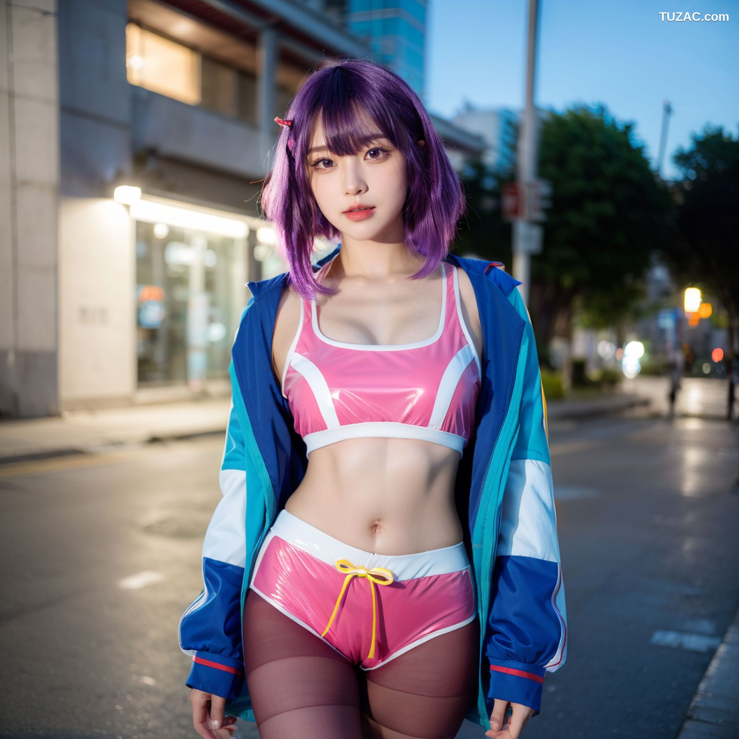 AI美女-拟实-蓝色外套粉色运行背心短裤紫色短发美女