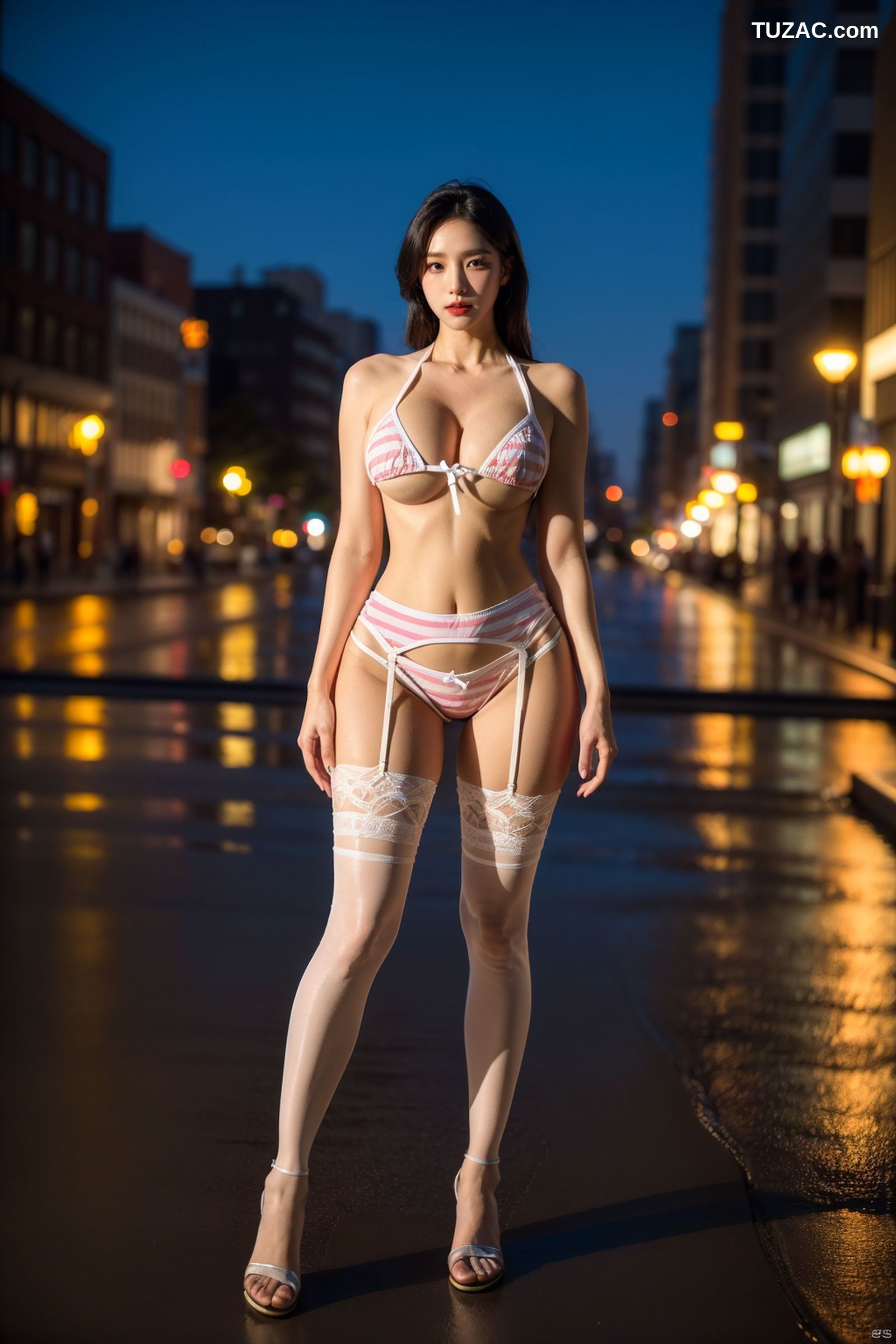 AI美女-拟实-蓝色条纹比基尼夜景街拍