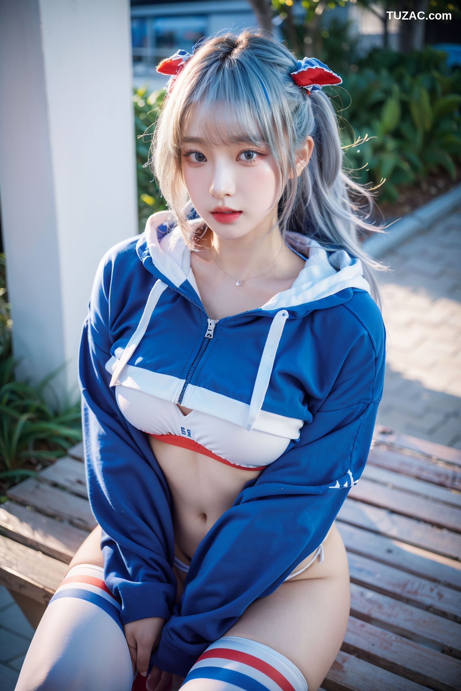 AI美女-拟实-蓝色运动服女生户外