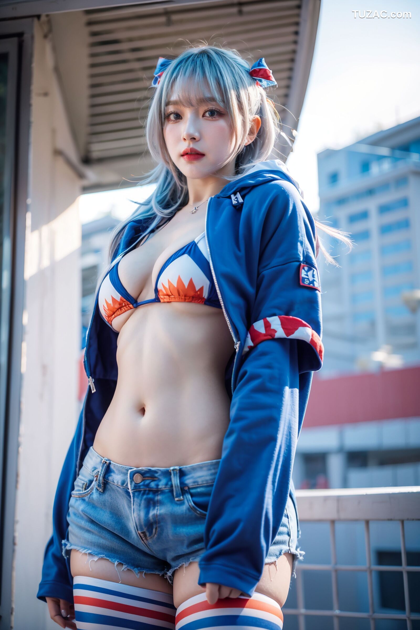 AI美女-拟实-蓝色运动服女生户外