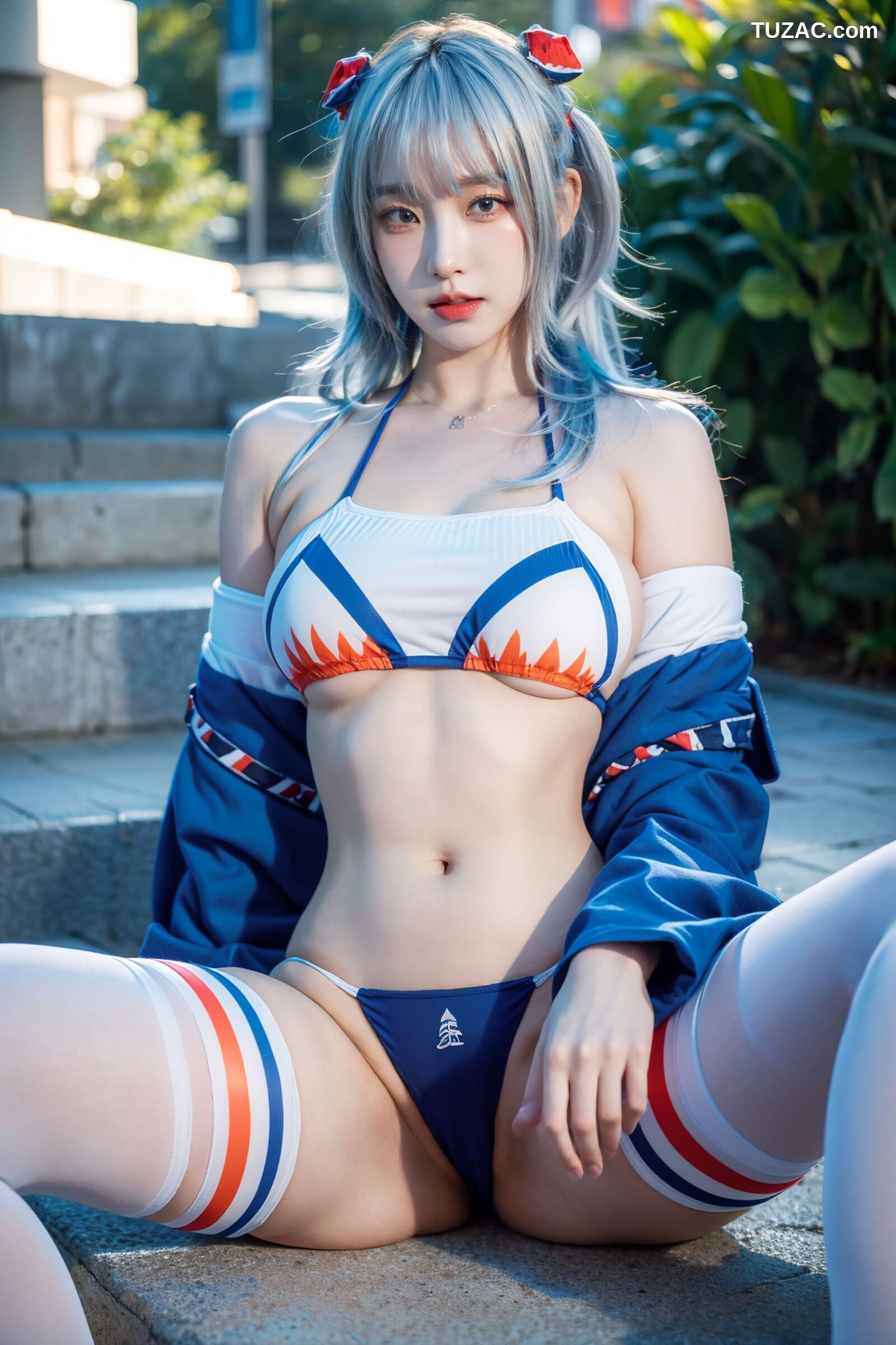 AI美女-拟实-蓝色运动服女生户外