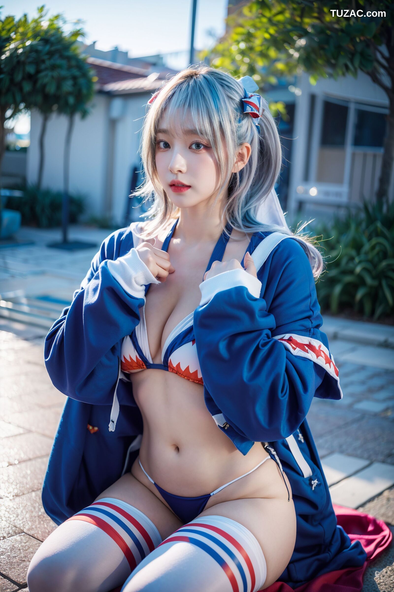 AI美女-拟实-蓝色运动服女生户外