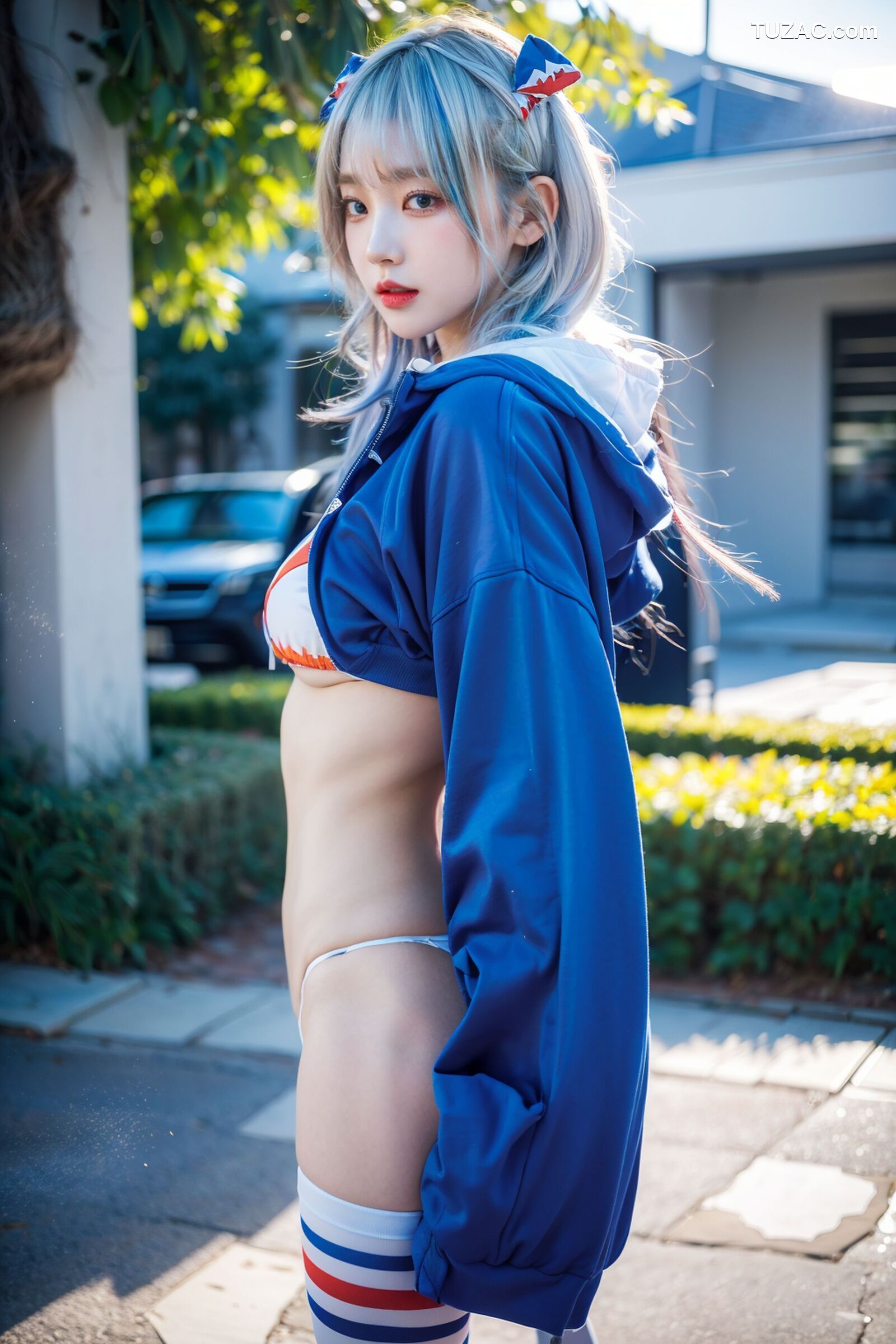 AI美女-拟实-蓝色运动服女生户外