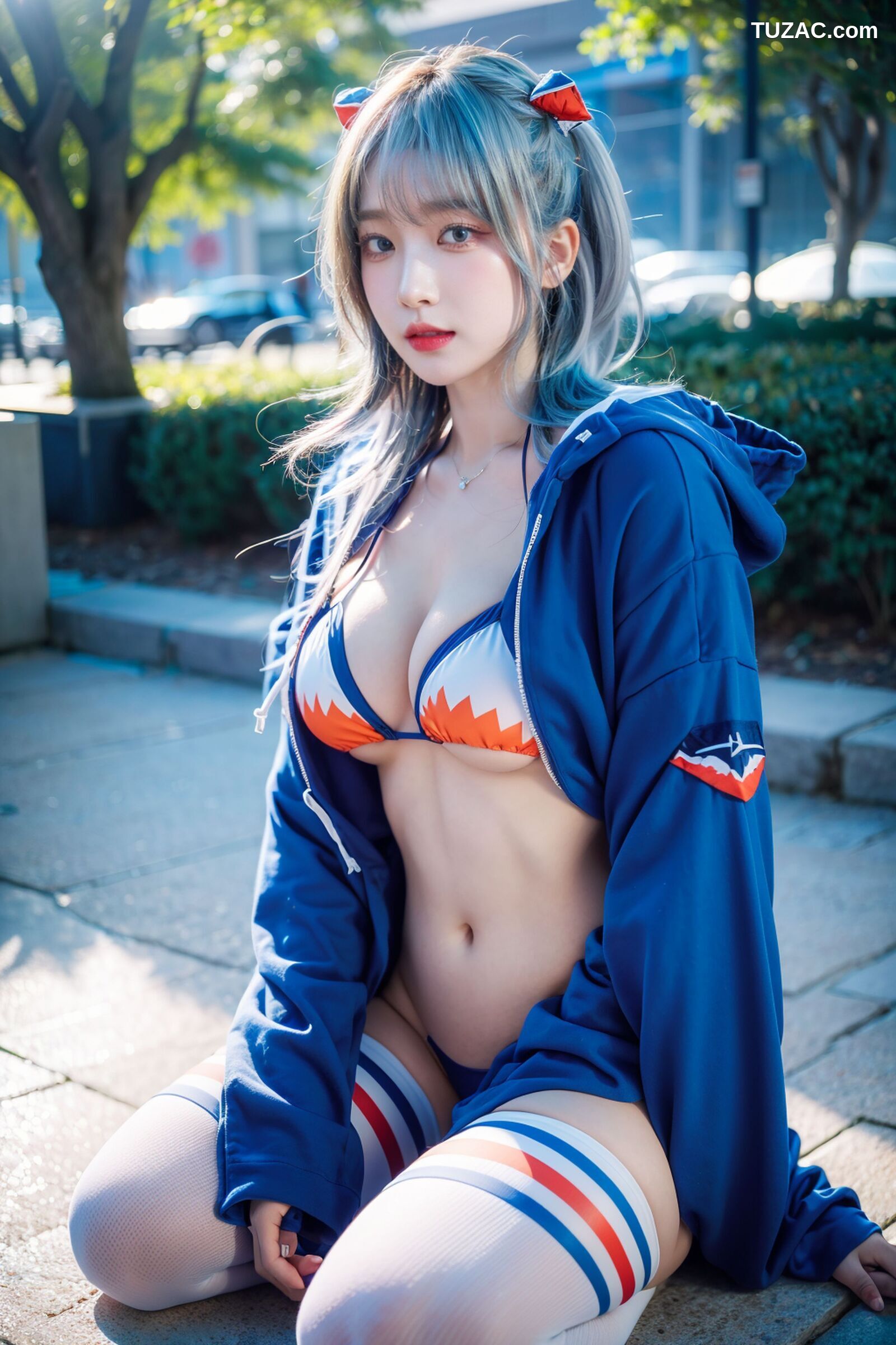 AI美女-拟实-蓝色运动服女生户外