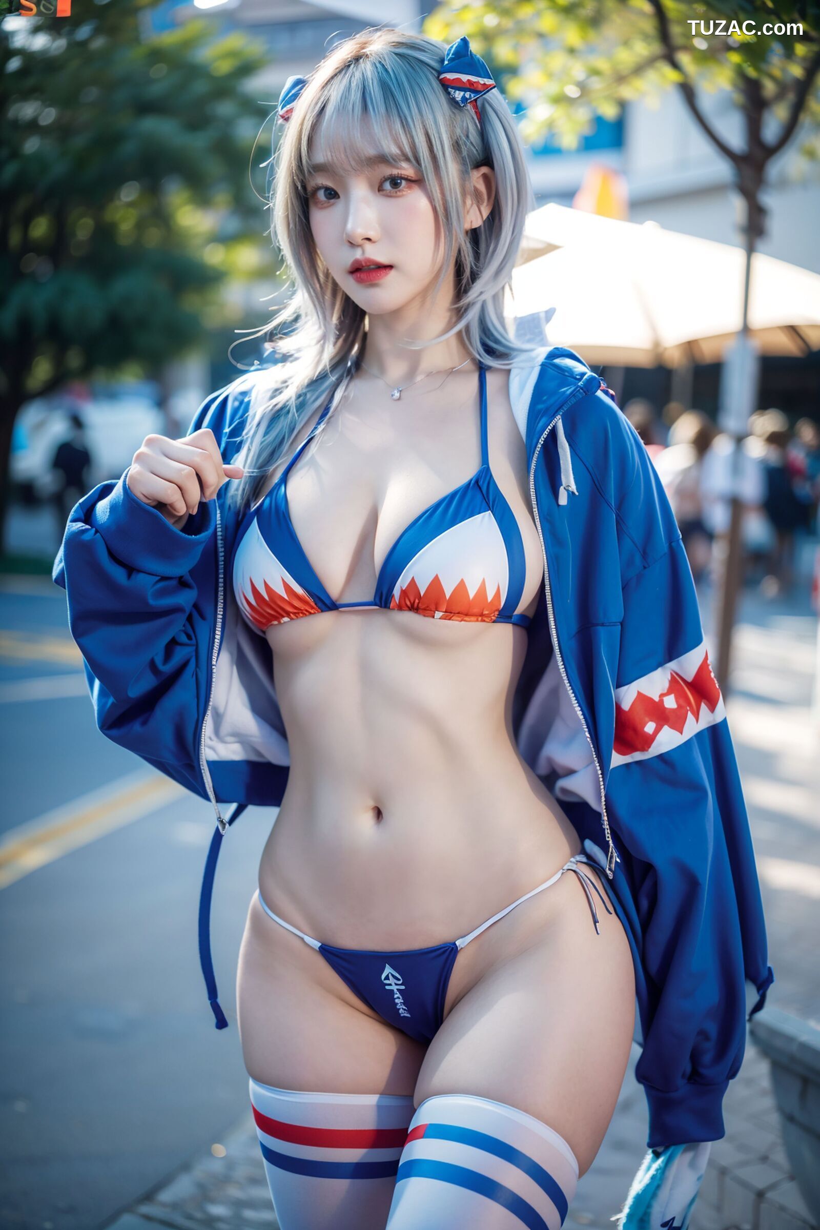 AI美女-拟实-蓝色运动服女生户外