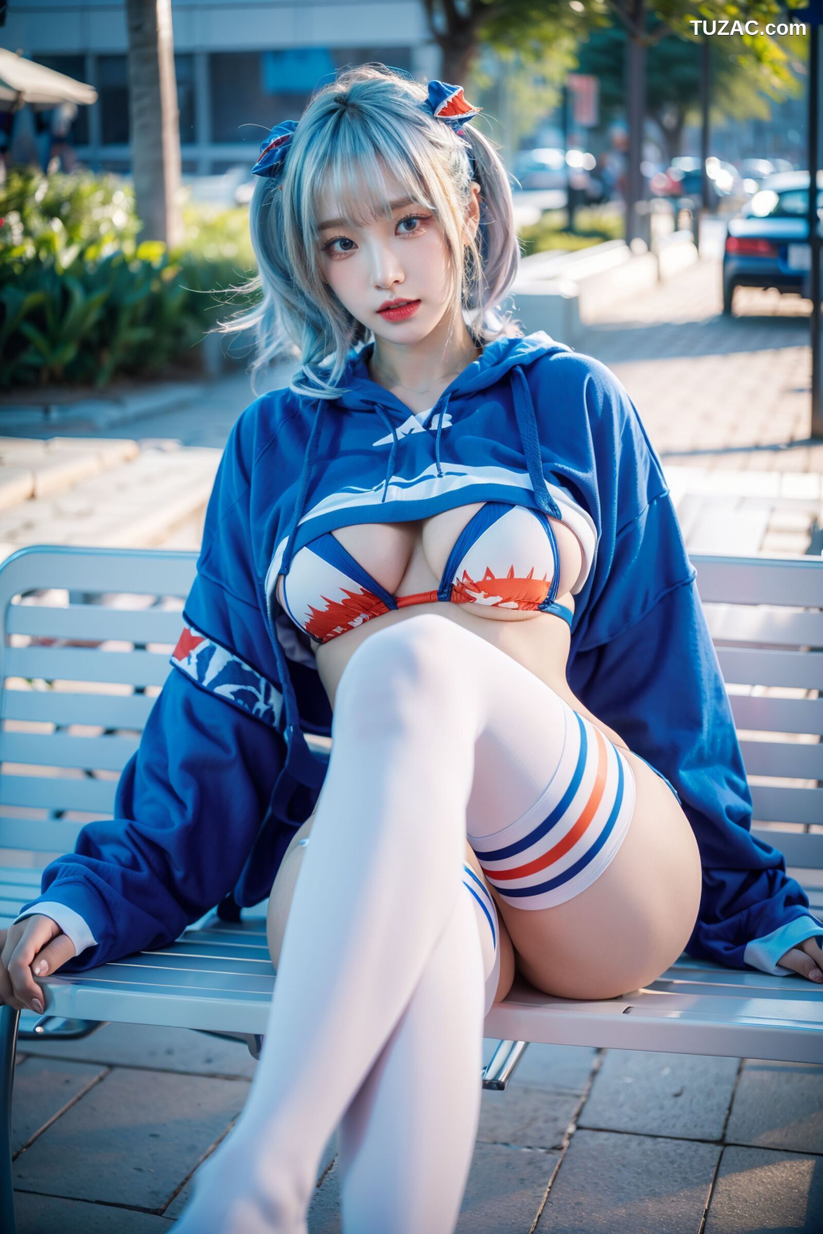 AI美女-拟实-蓝色运动服女生户外