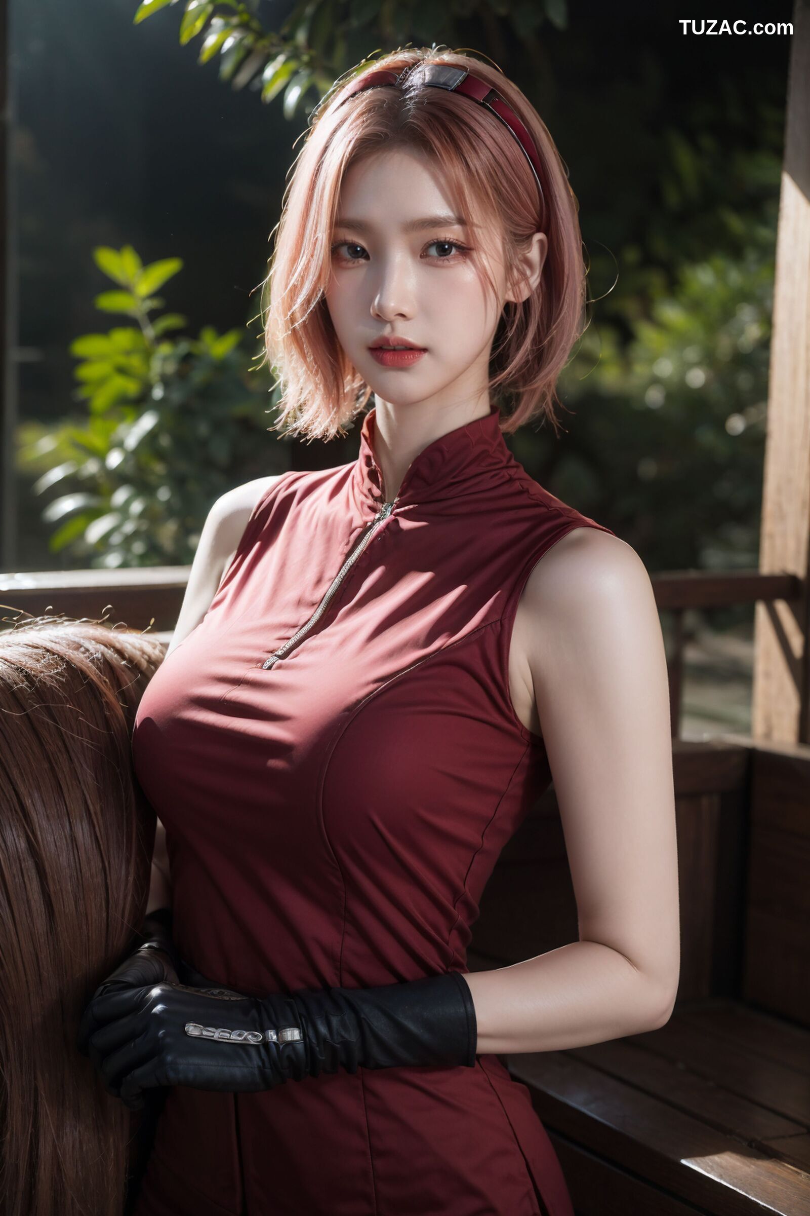 AI美女-拟实-酒红色情趣旗袍