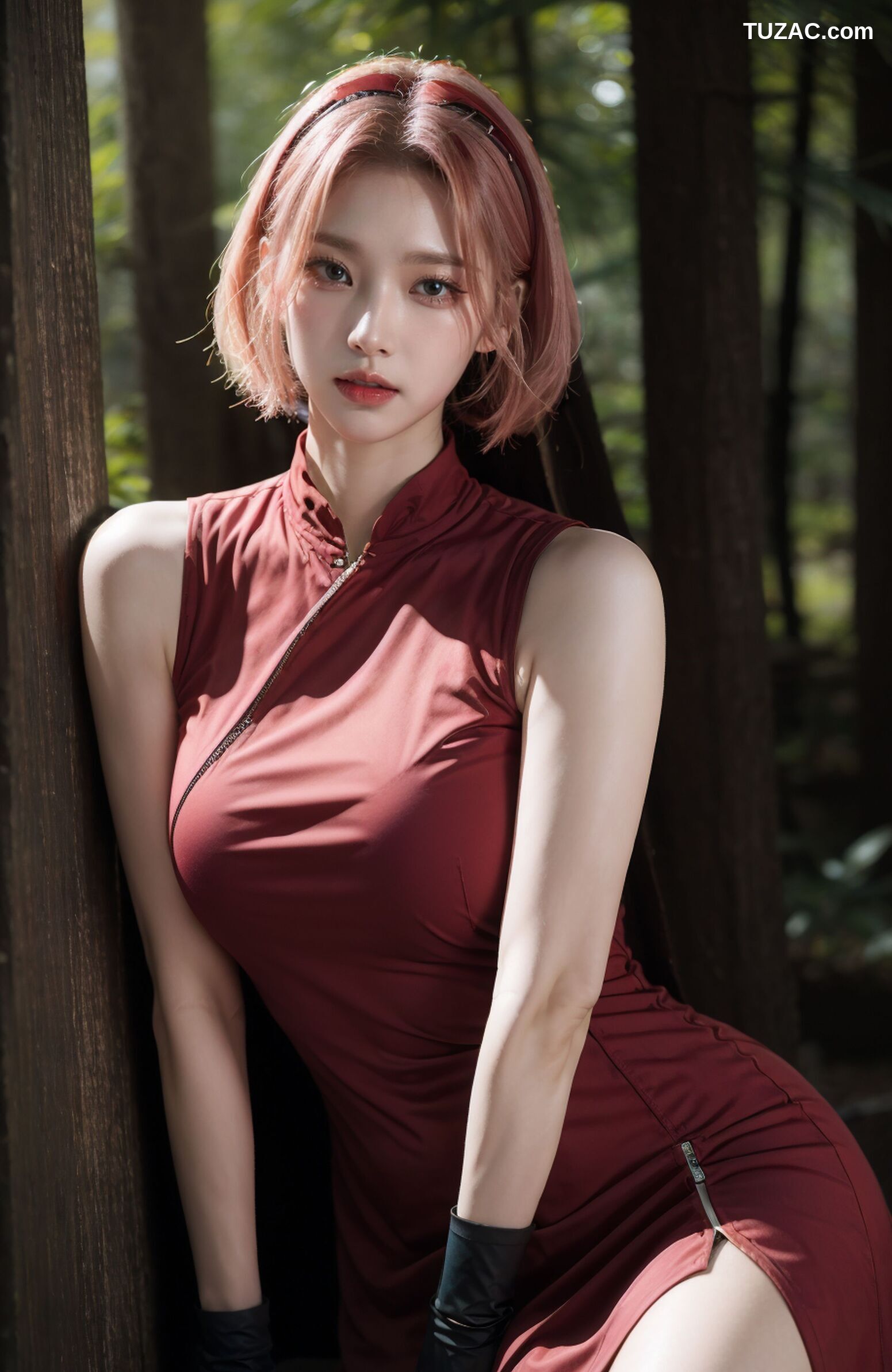 AI美女-拟实-酒红色情趣旗袍