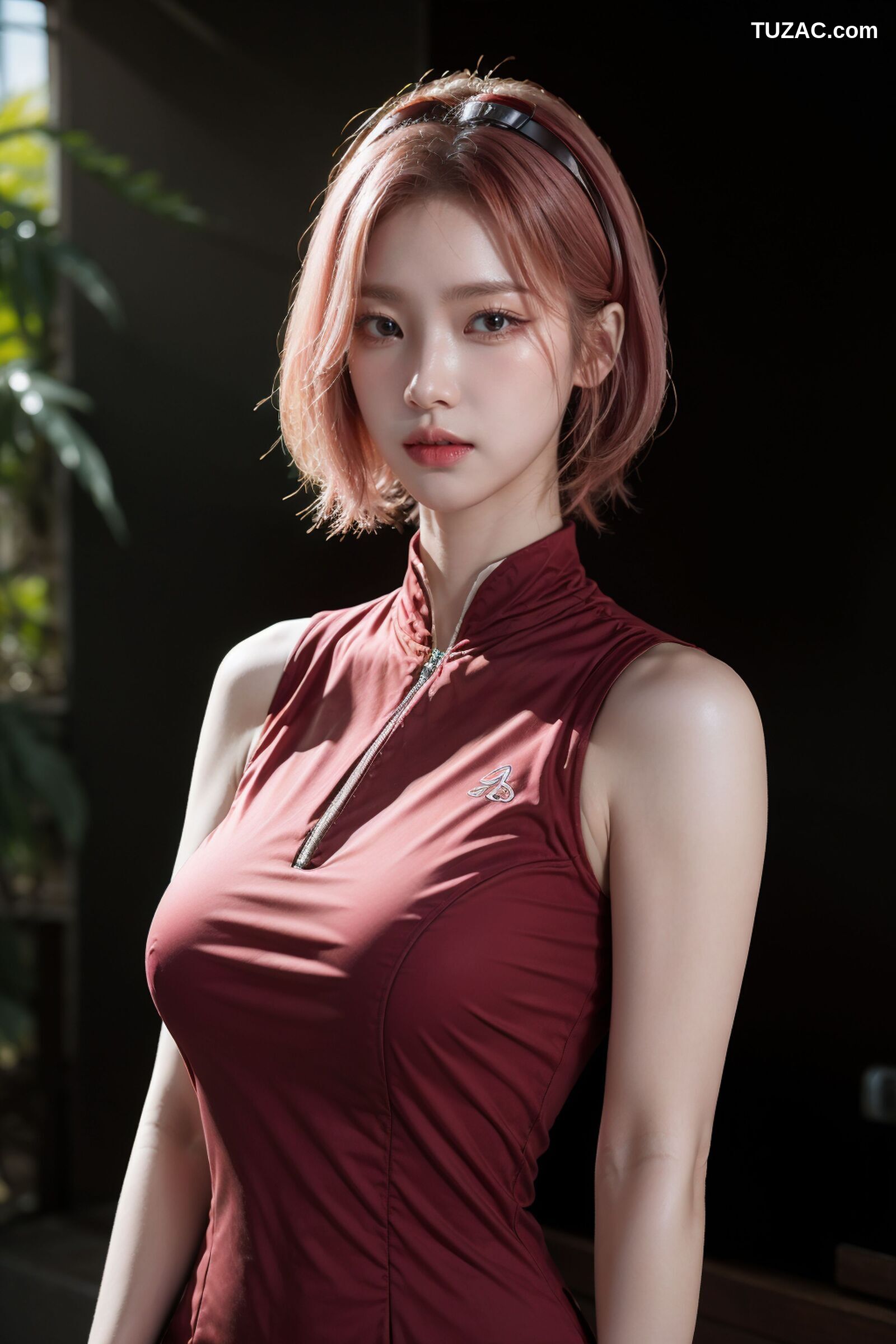 AI美女-拟实-酒红色情趣旗袍