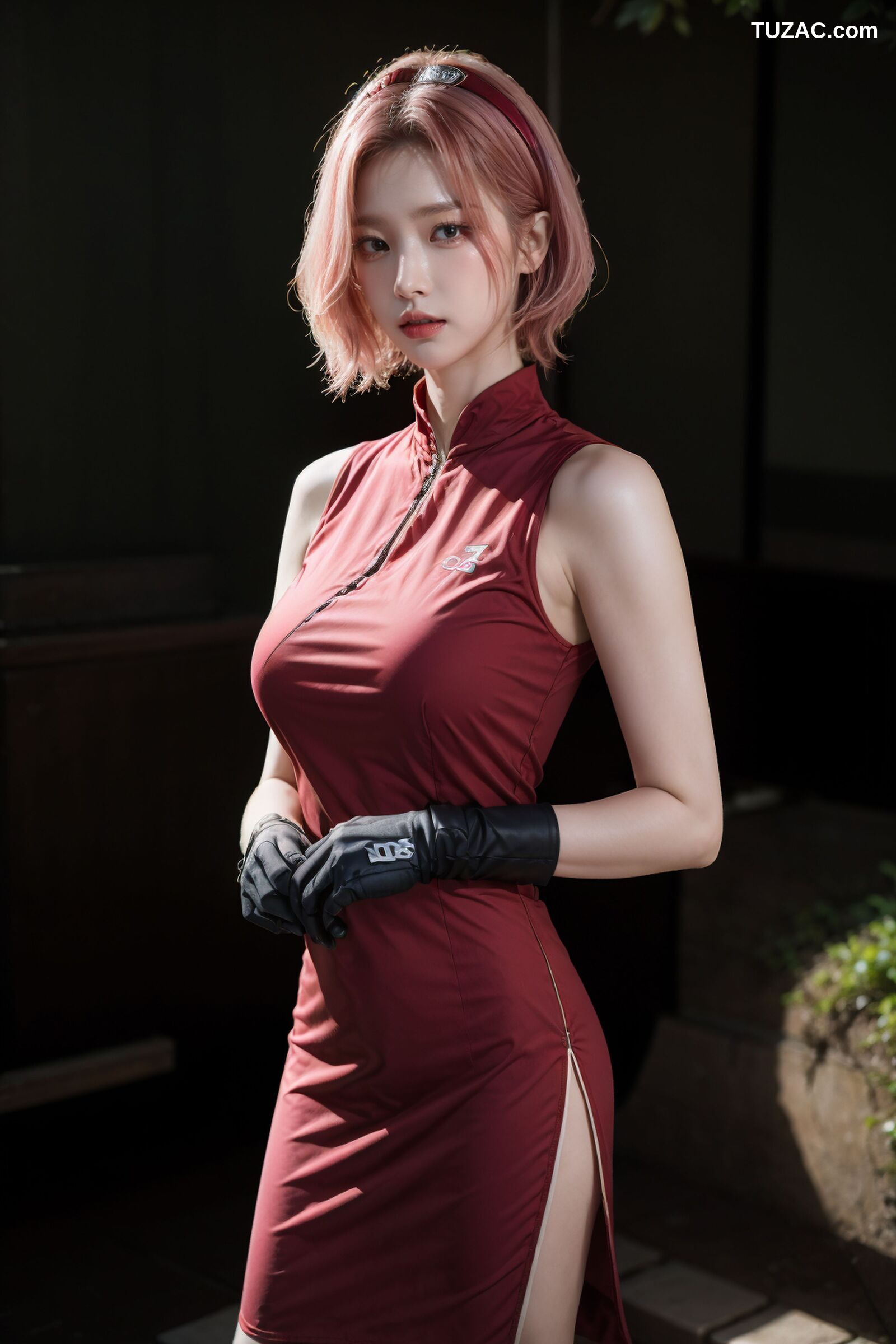 AI美女-拟实-酒红色情趣旗袍