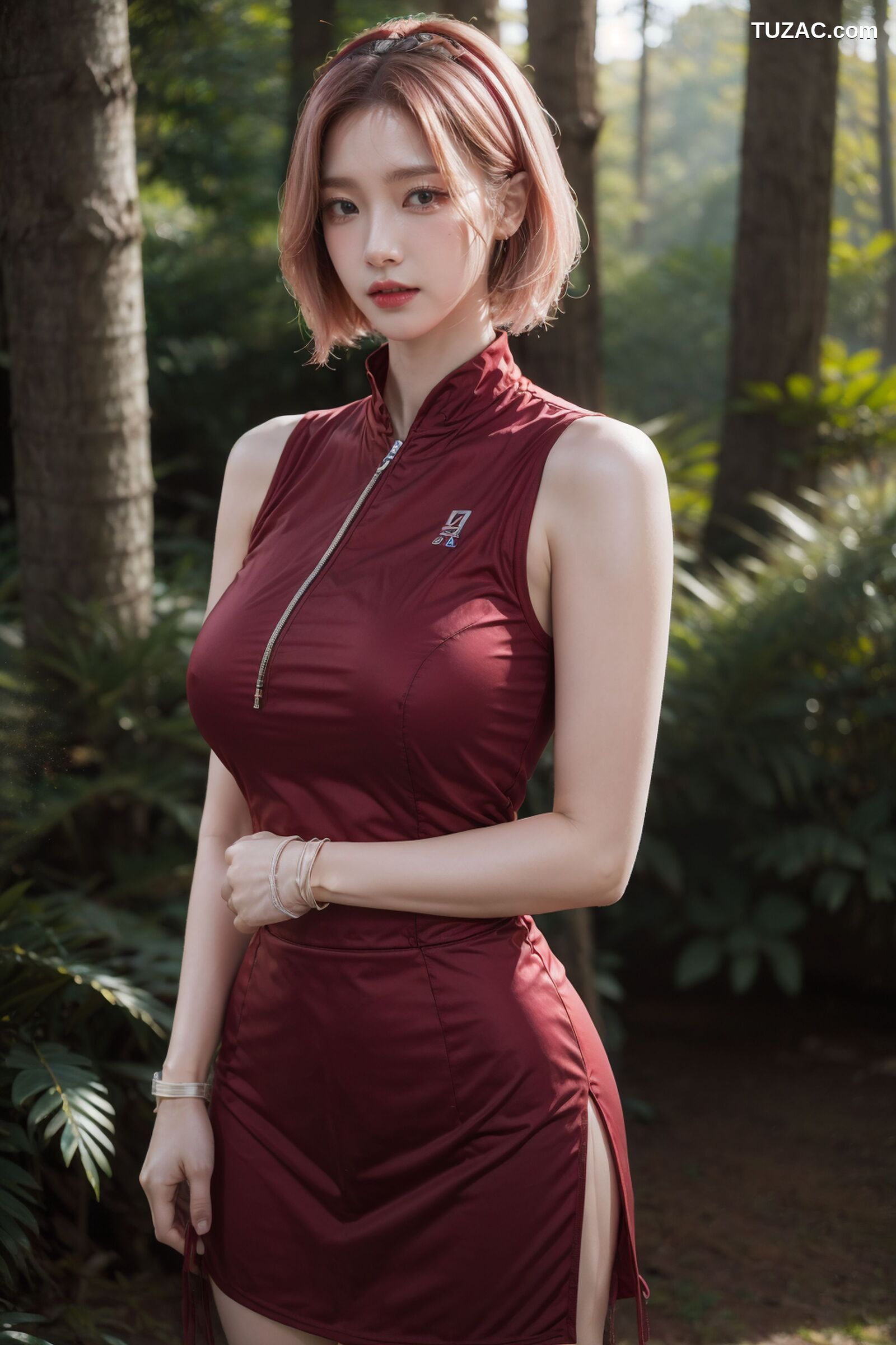AI美女-拟实-酒红色情趣旗袍