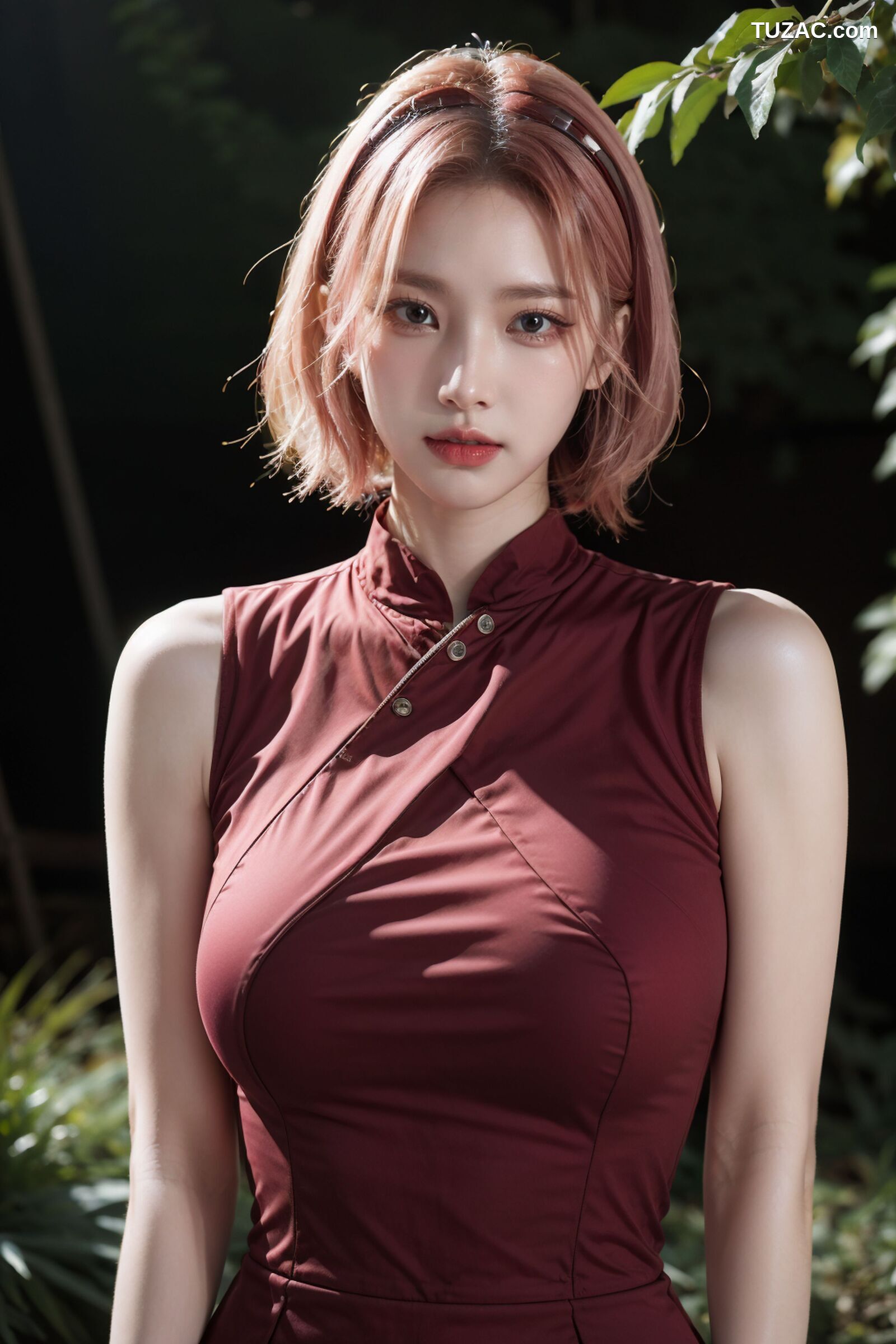 AI美女-拟实-酒红色情趣旗袍