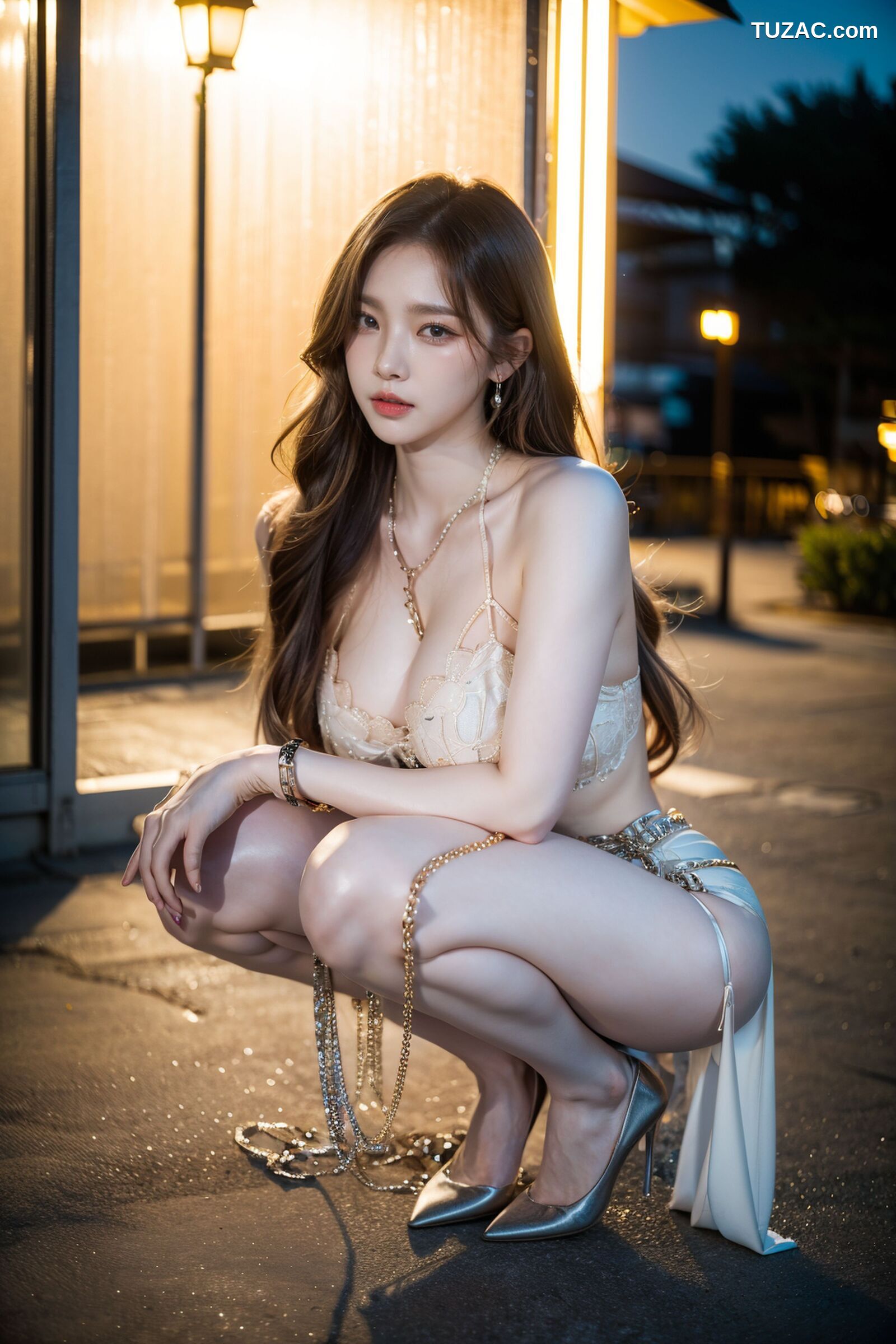AI美女-拟实-金色珠链内衣户外-夜色