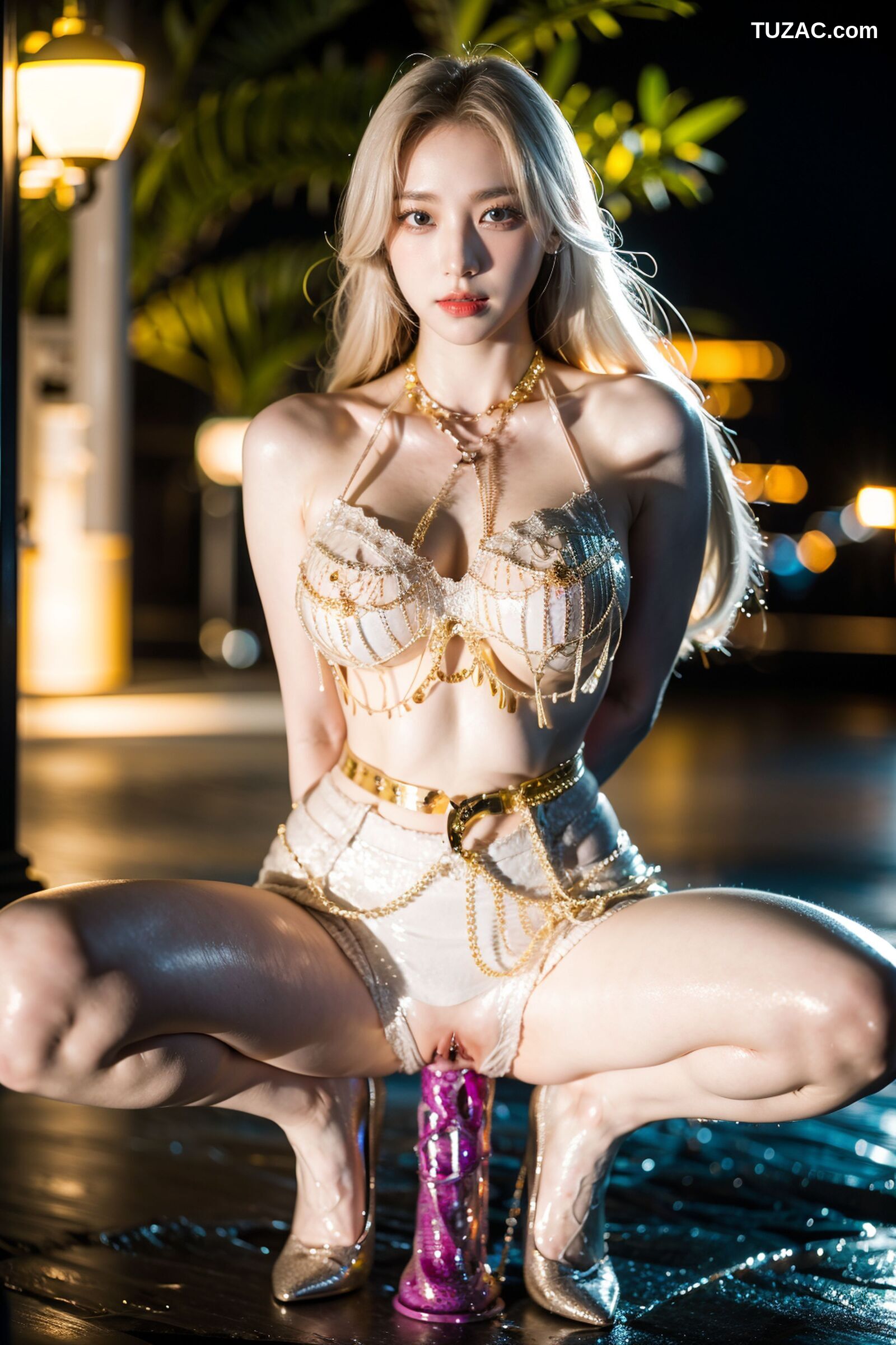 AI美女-拟实-金色珠链内衣户外-夜色