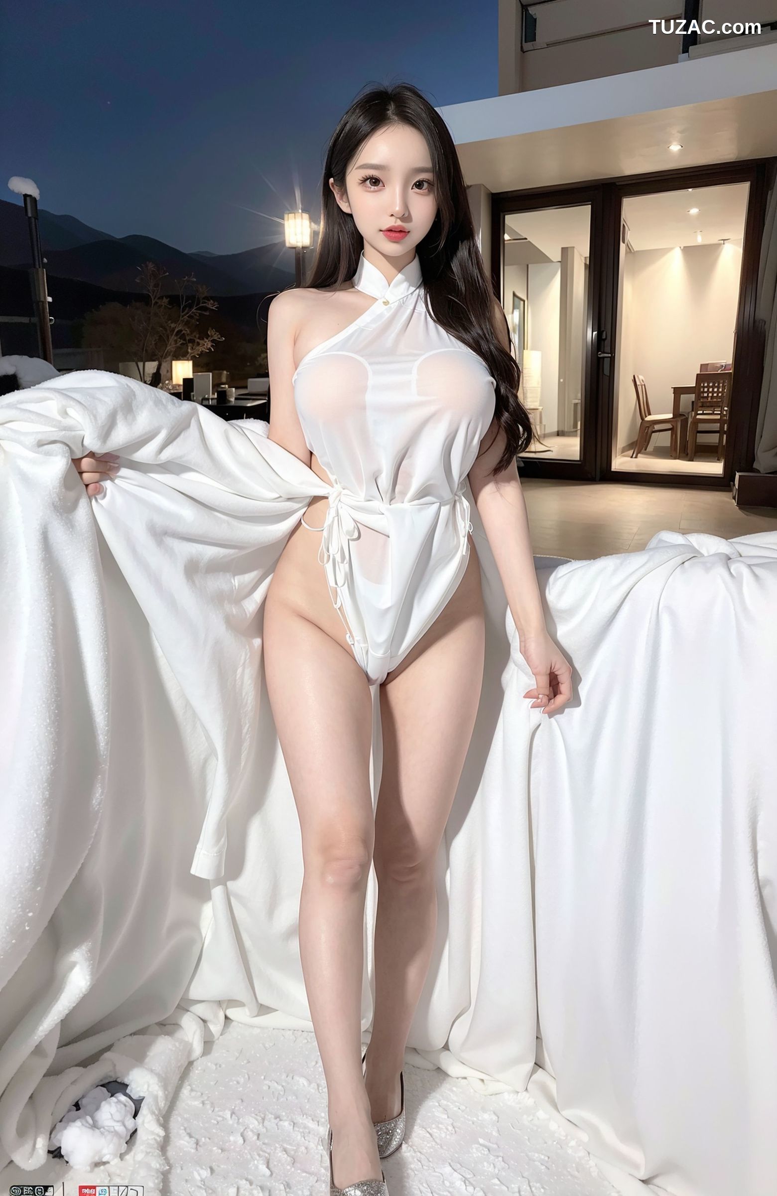 AI美女-拟实-雪地场景-白色内衣