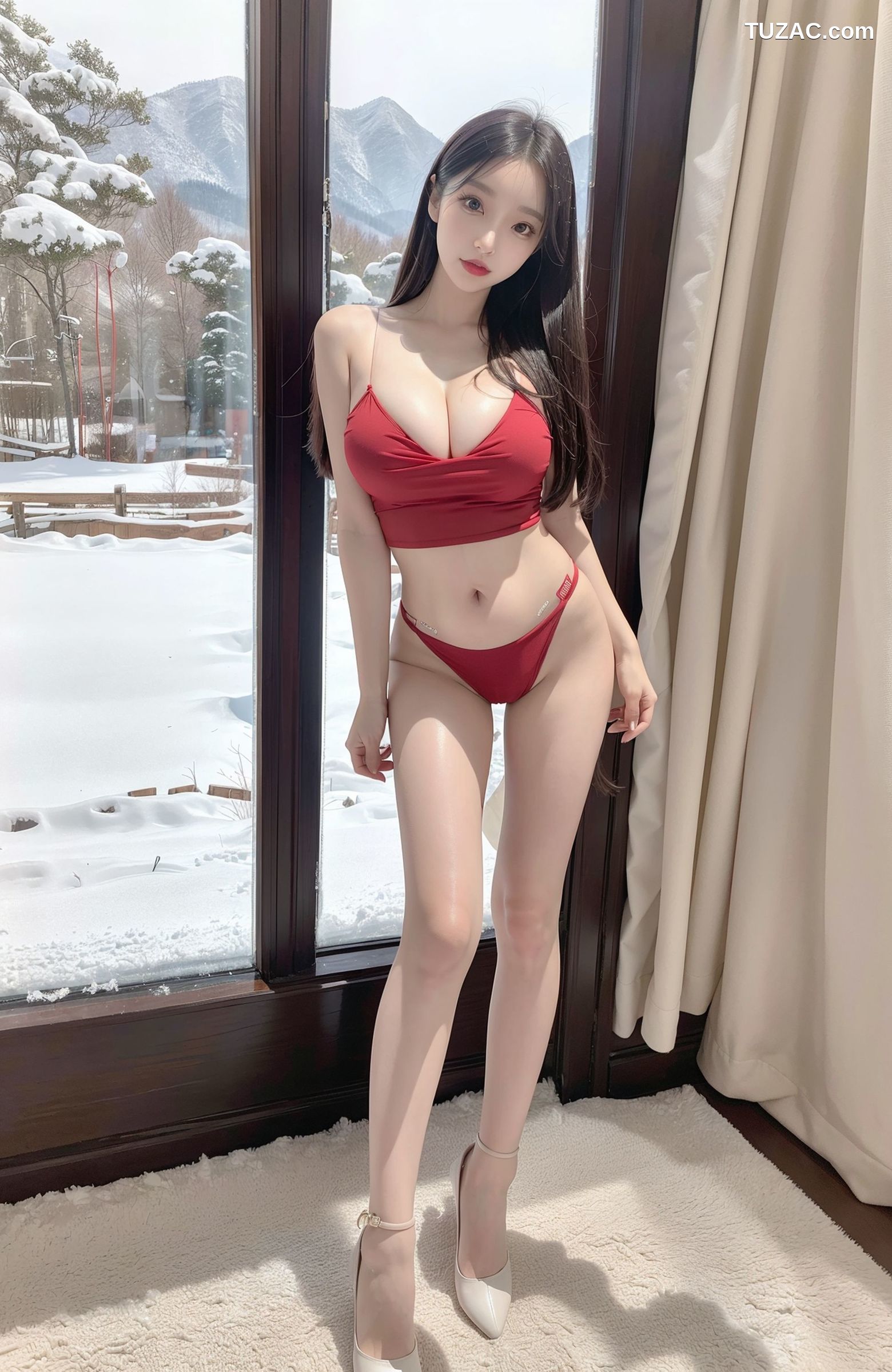 AI美女-拟实-雪地场景-红色内衣