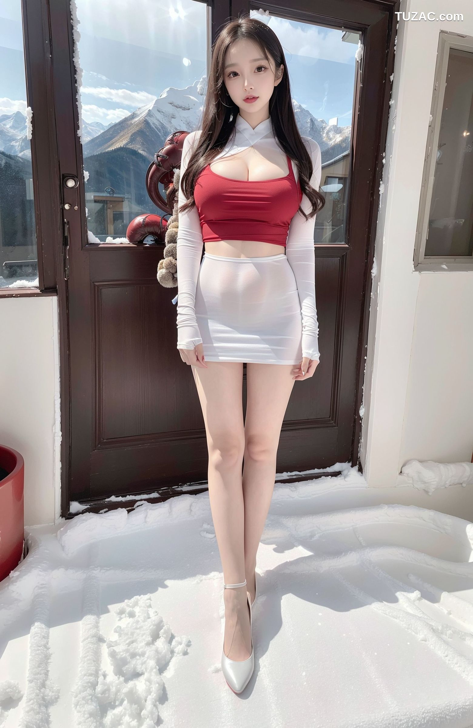 AI美女-拟实-雪地场景-红色内衣