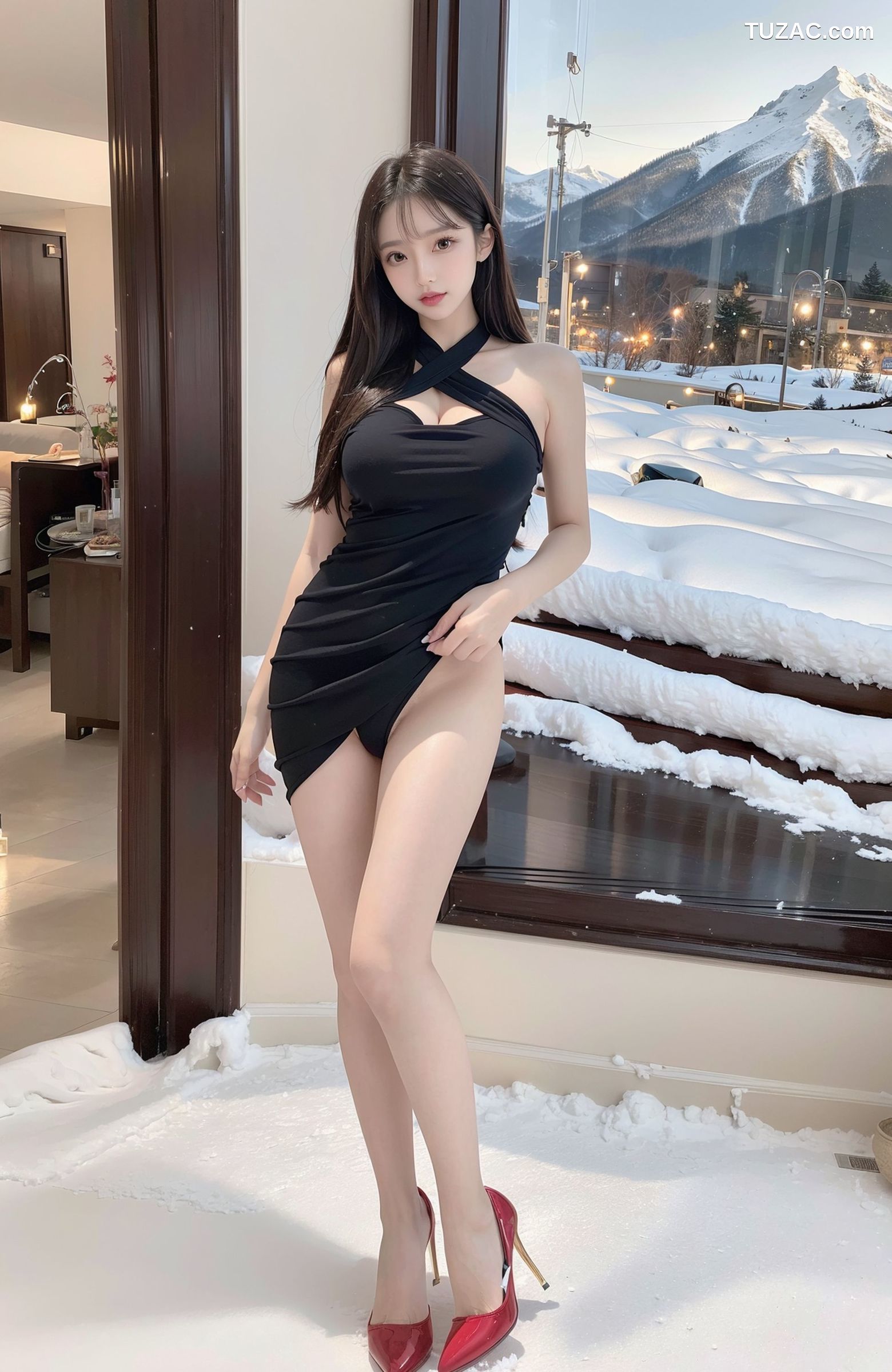 AI美女-拟实-雪地场景-黑裙黑丝