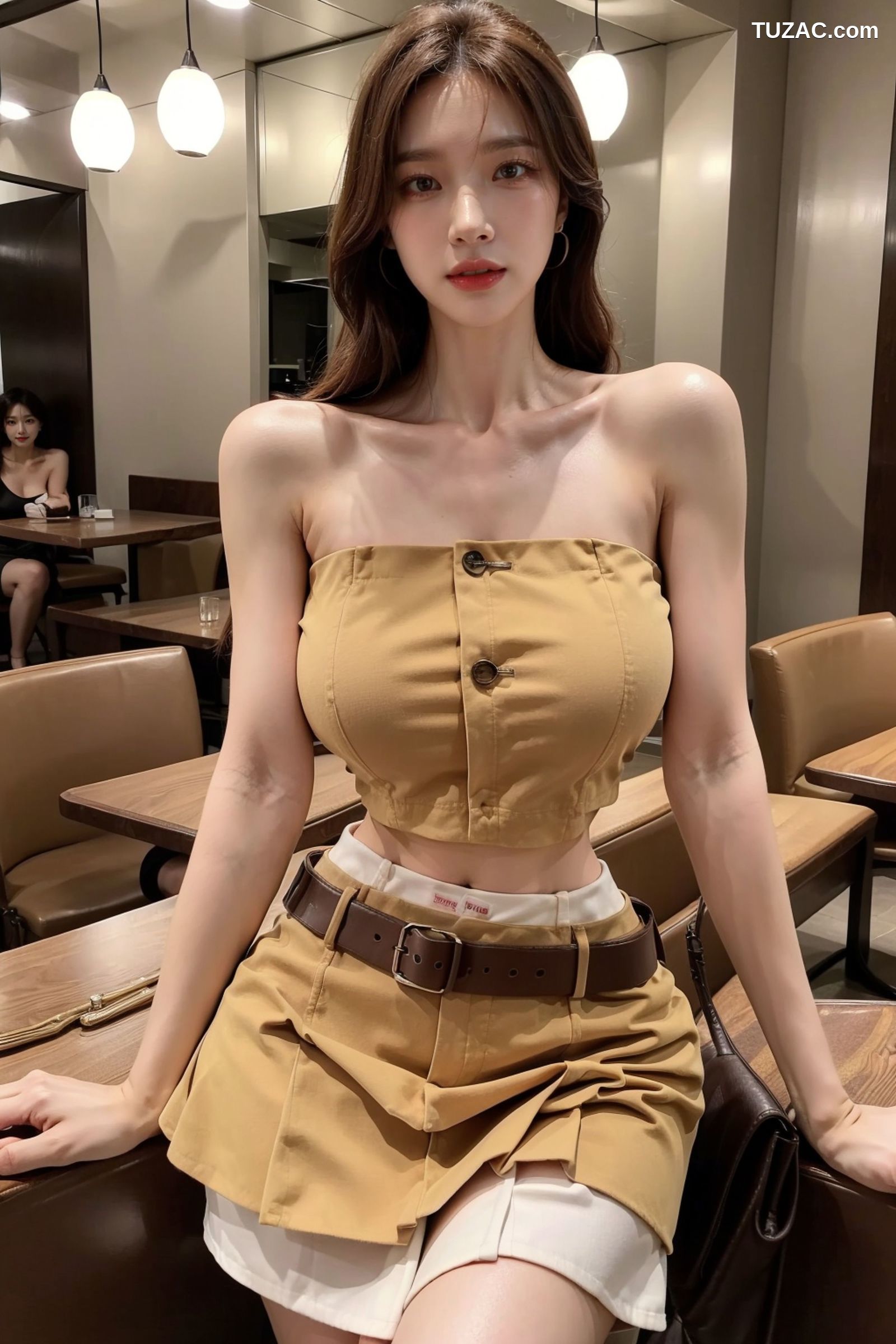 AI美女-拟实-韩风土黄抹胸短裙