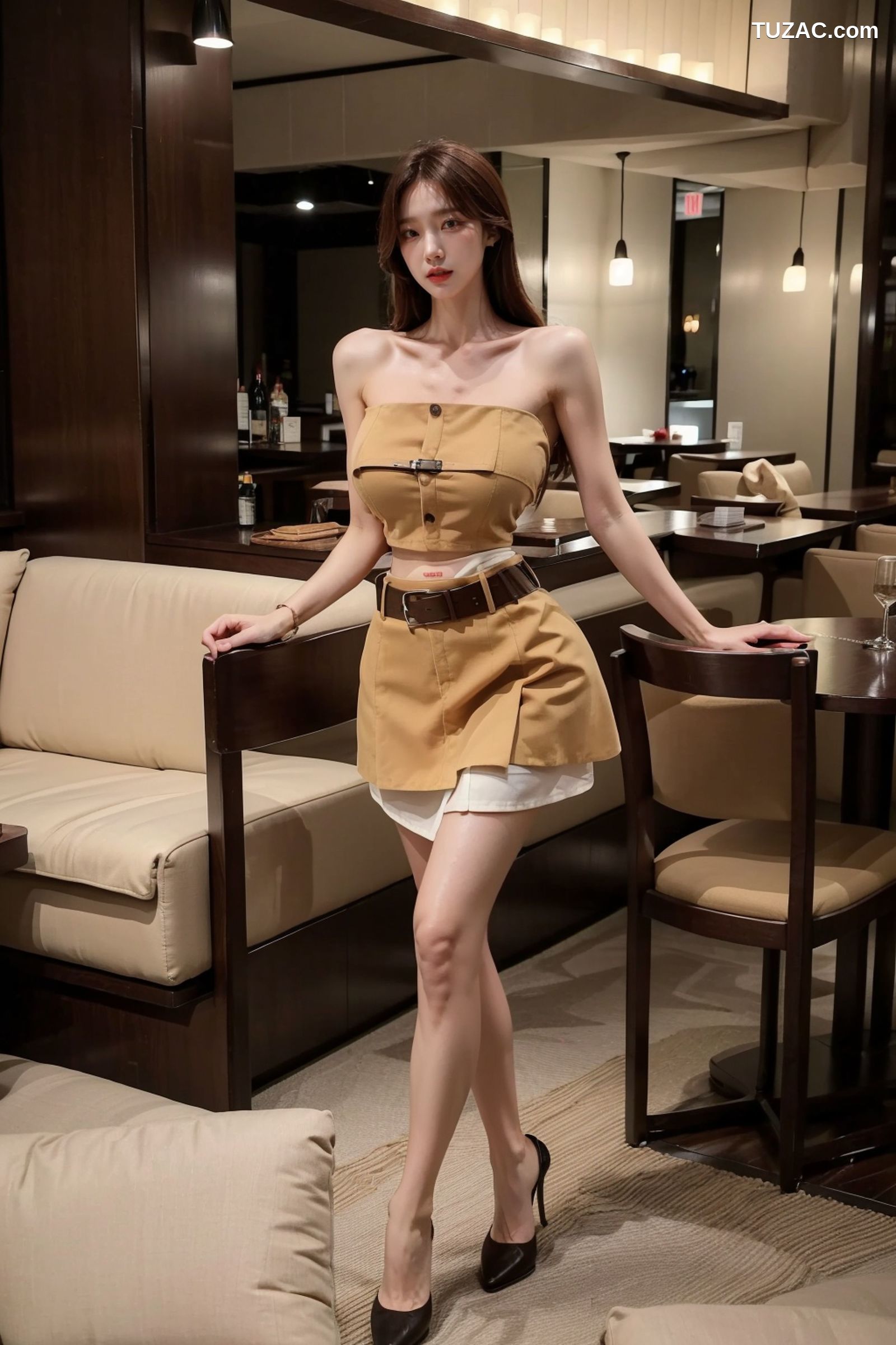 AI美女-拟实-韩风土黄抹胸短裙