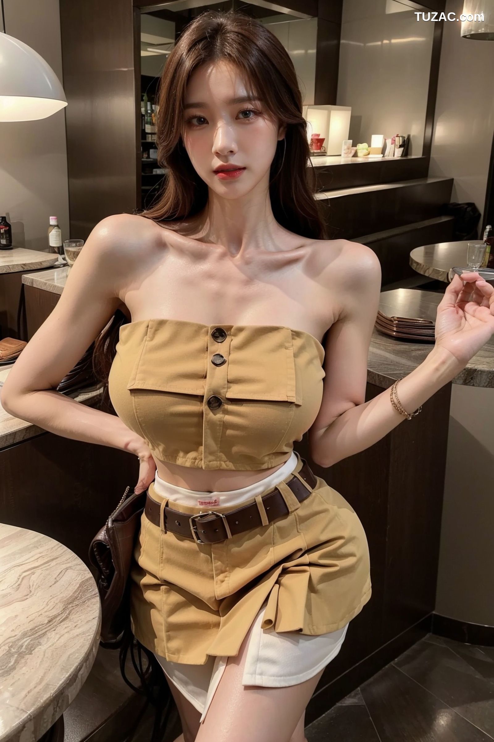 AI美女-拟实-韩风土黄抹胸短裙