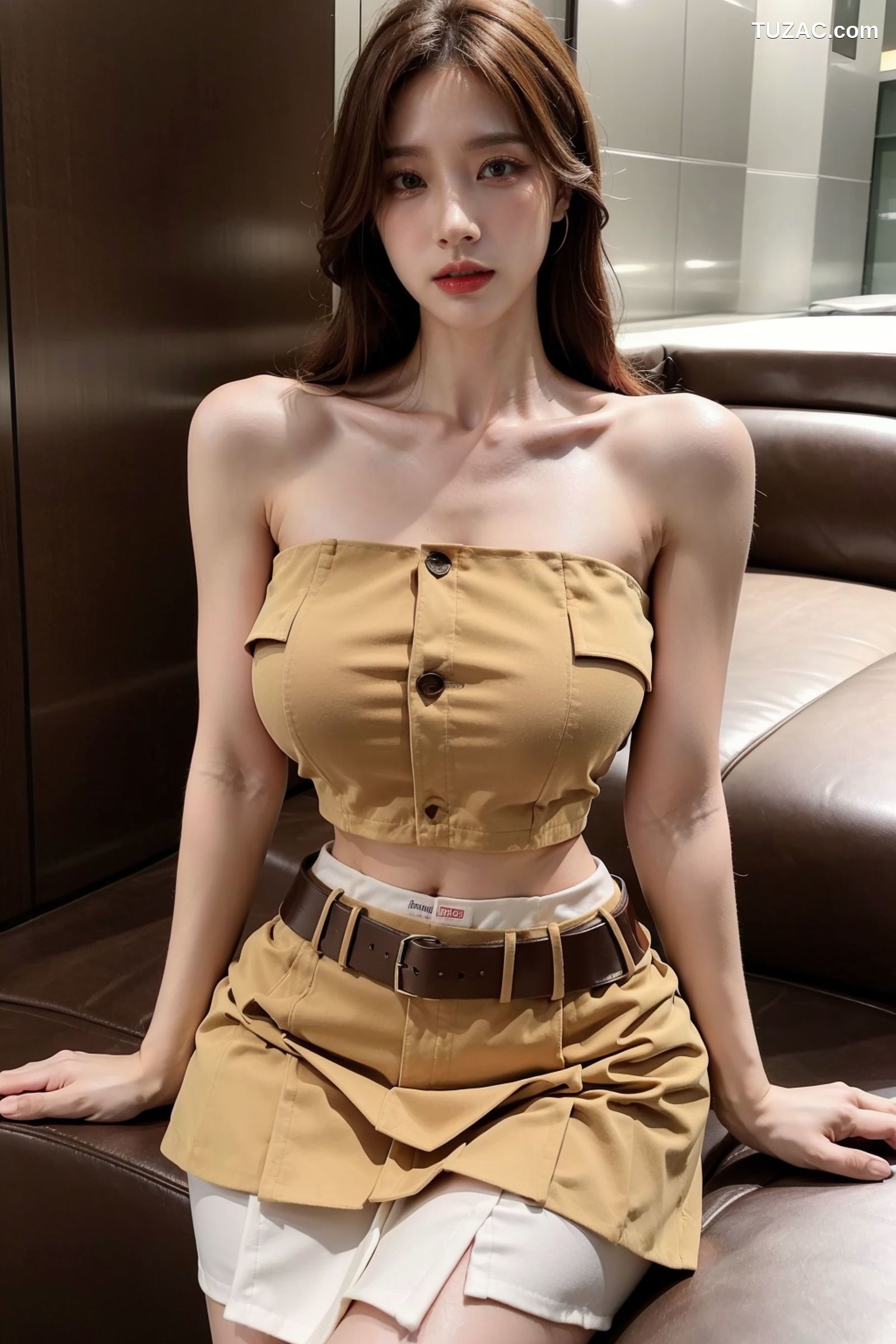 AI美女-拟实-韩风土黄抹胸短裙