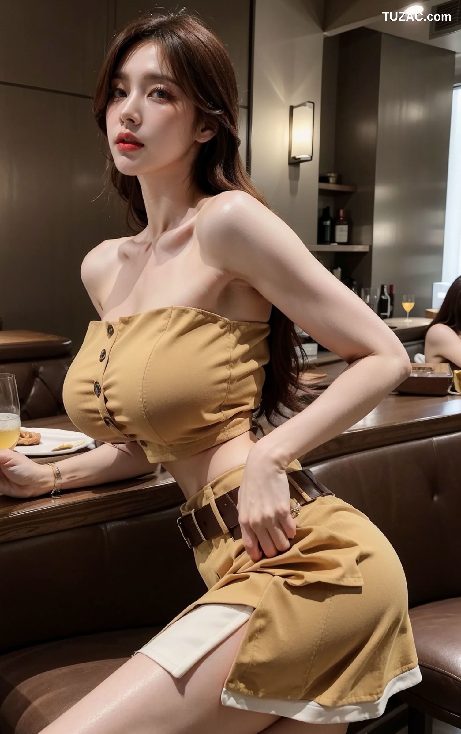 AI美女-拟实-韩风土黄抹胸短裙