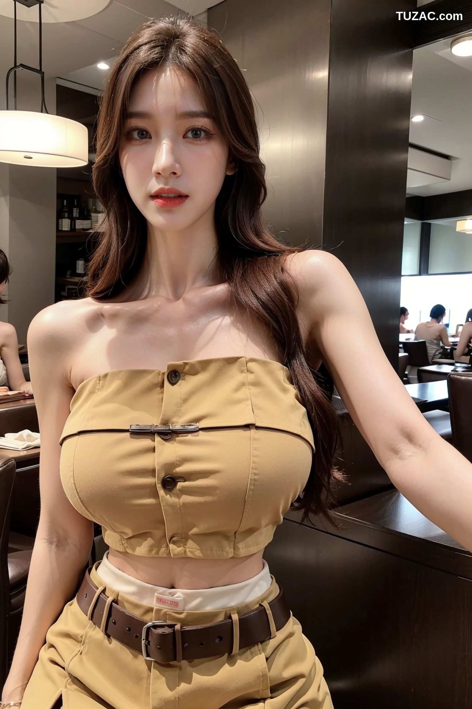 AI美女-拟实-韩风土黄抹胸短裙