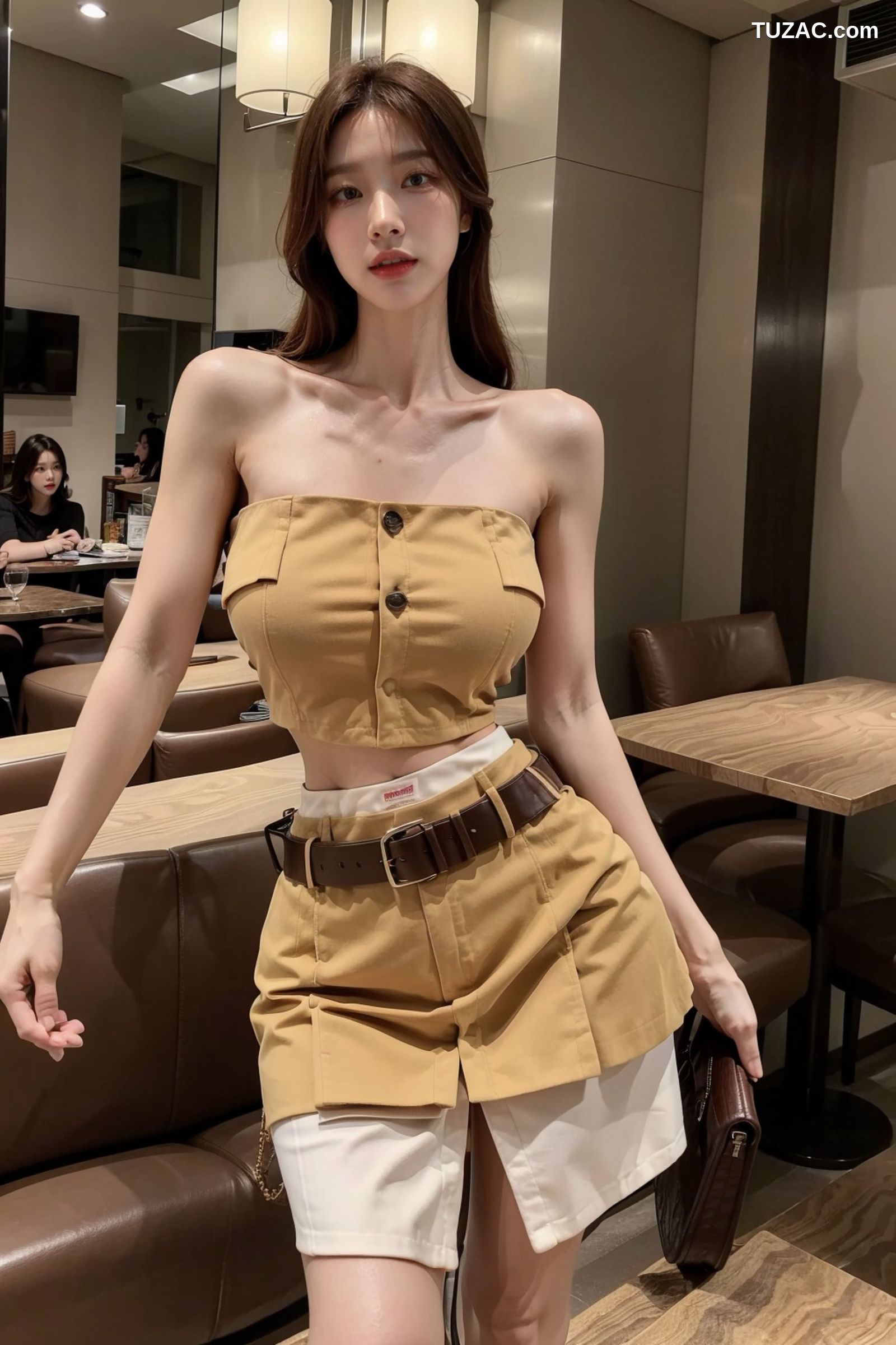 AI美女-拟实-韩风土黄抹胸短裙
