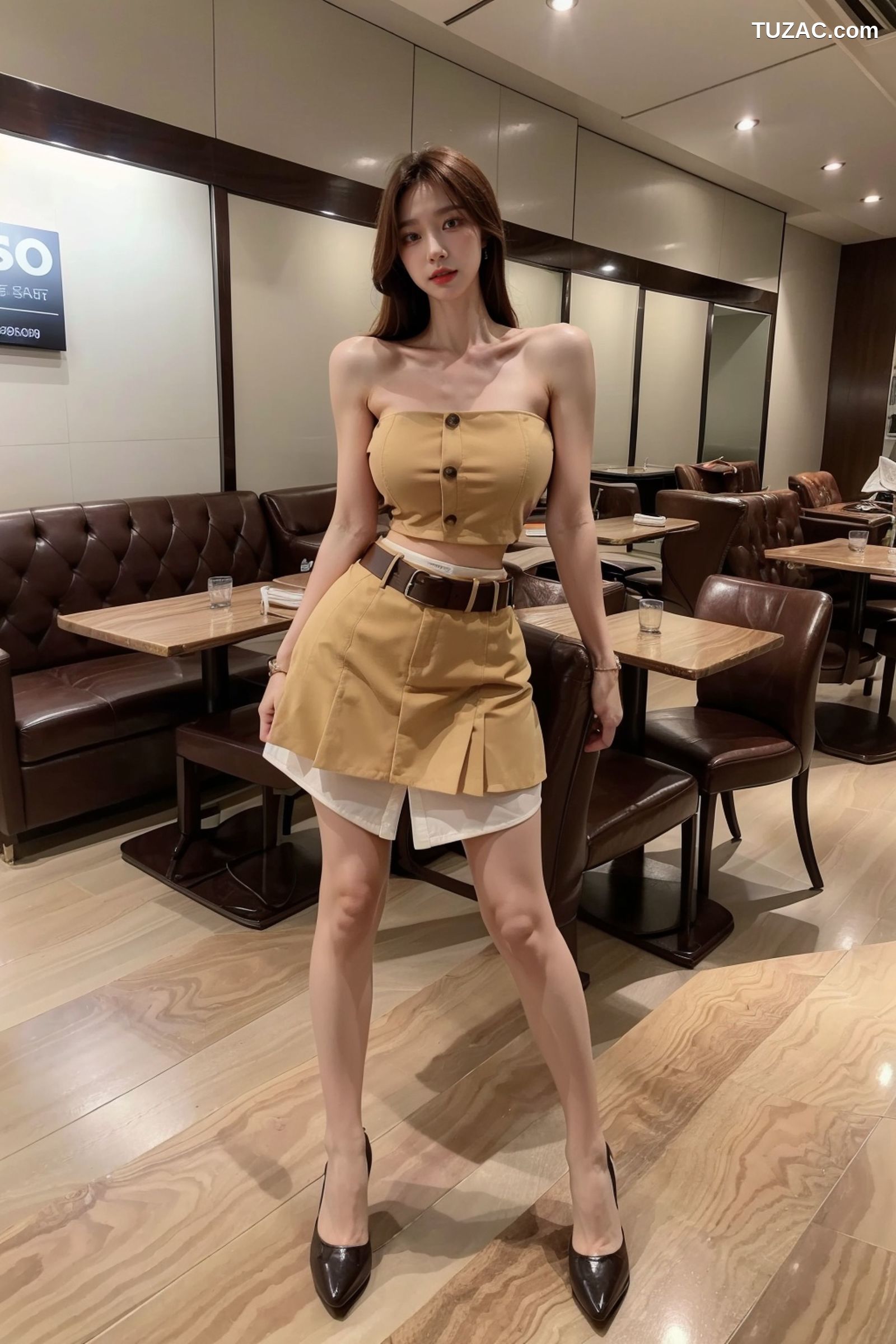 AI美女-拟实-韩风土黄抹胸短裙
