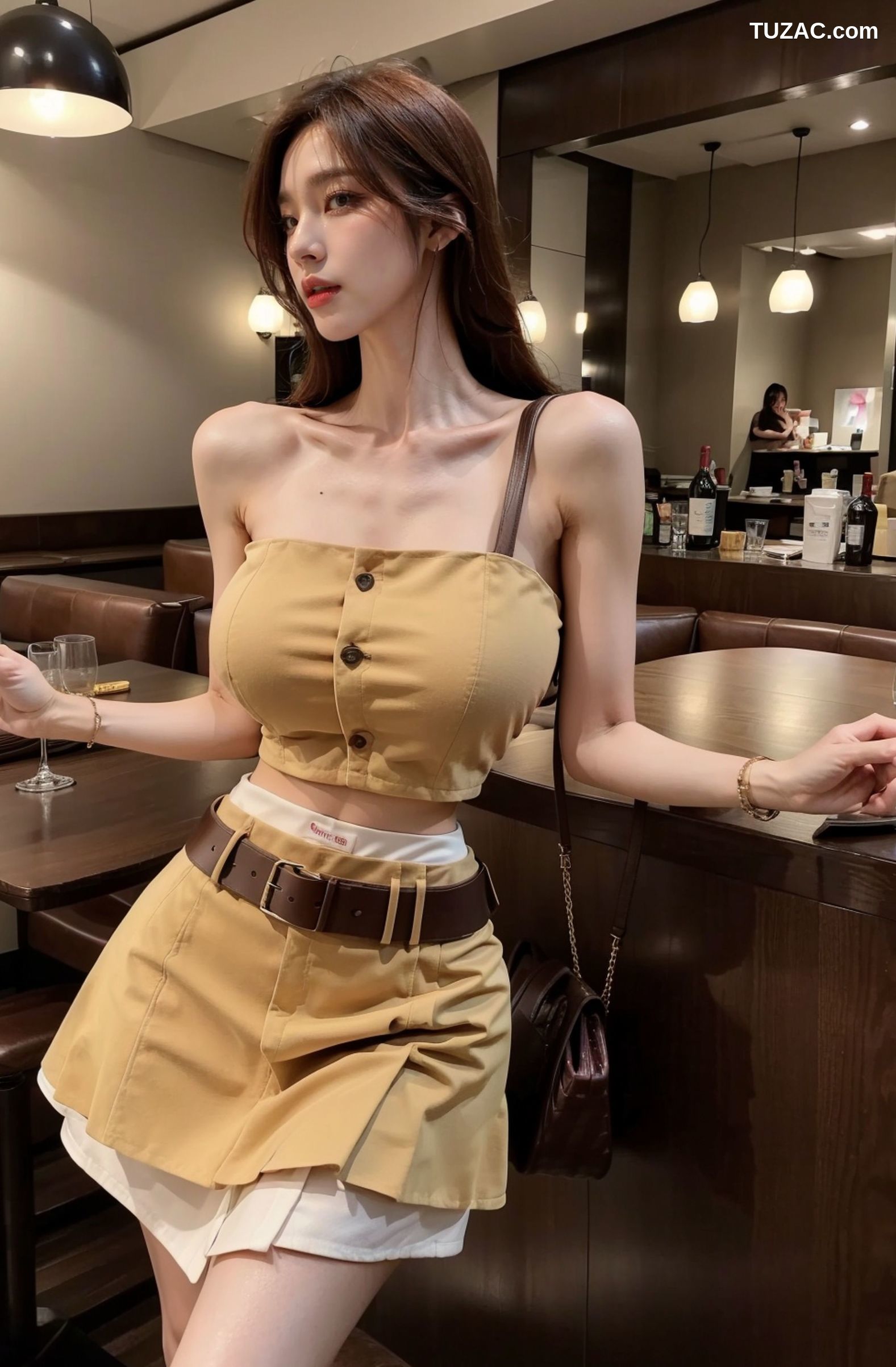 AI美女-拟实-韩风土黄抹胸短裙