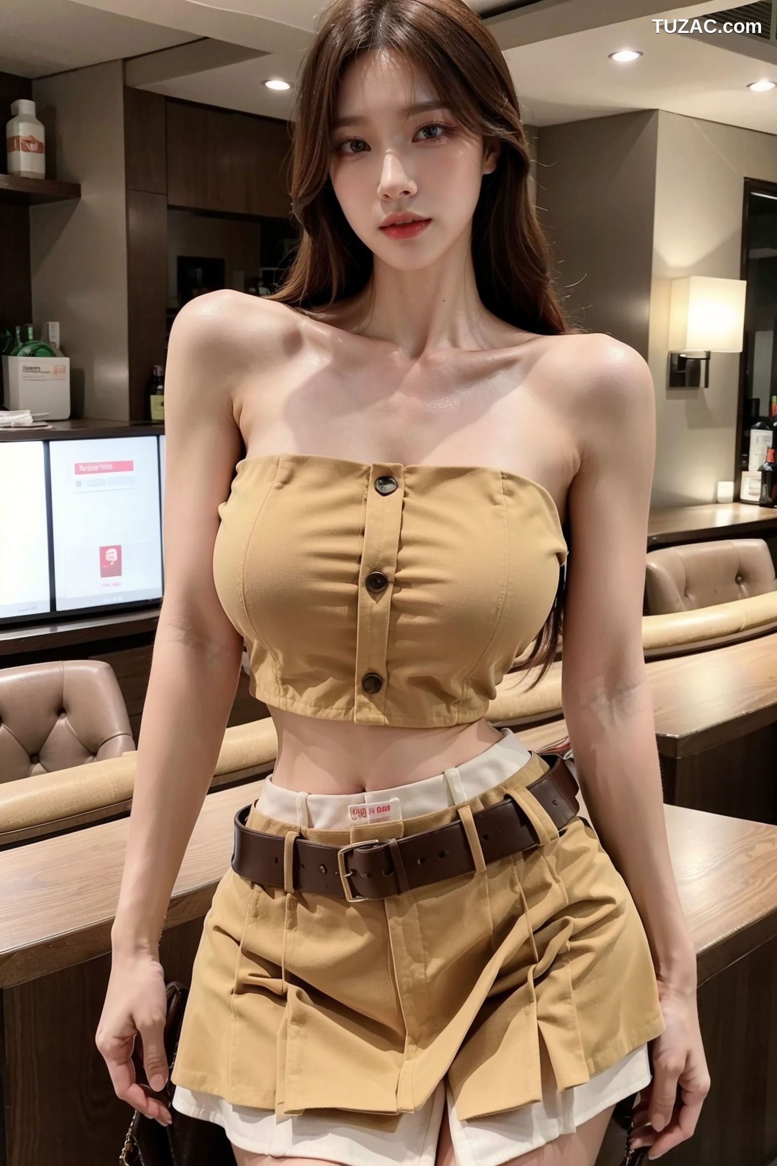 AI美女-拟实-韩风土黄抹胸短裙