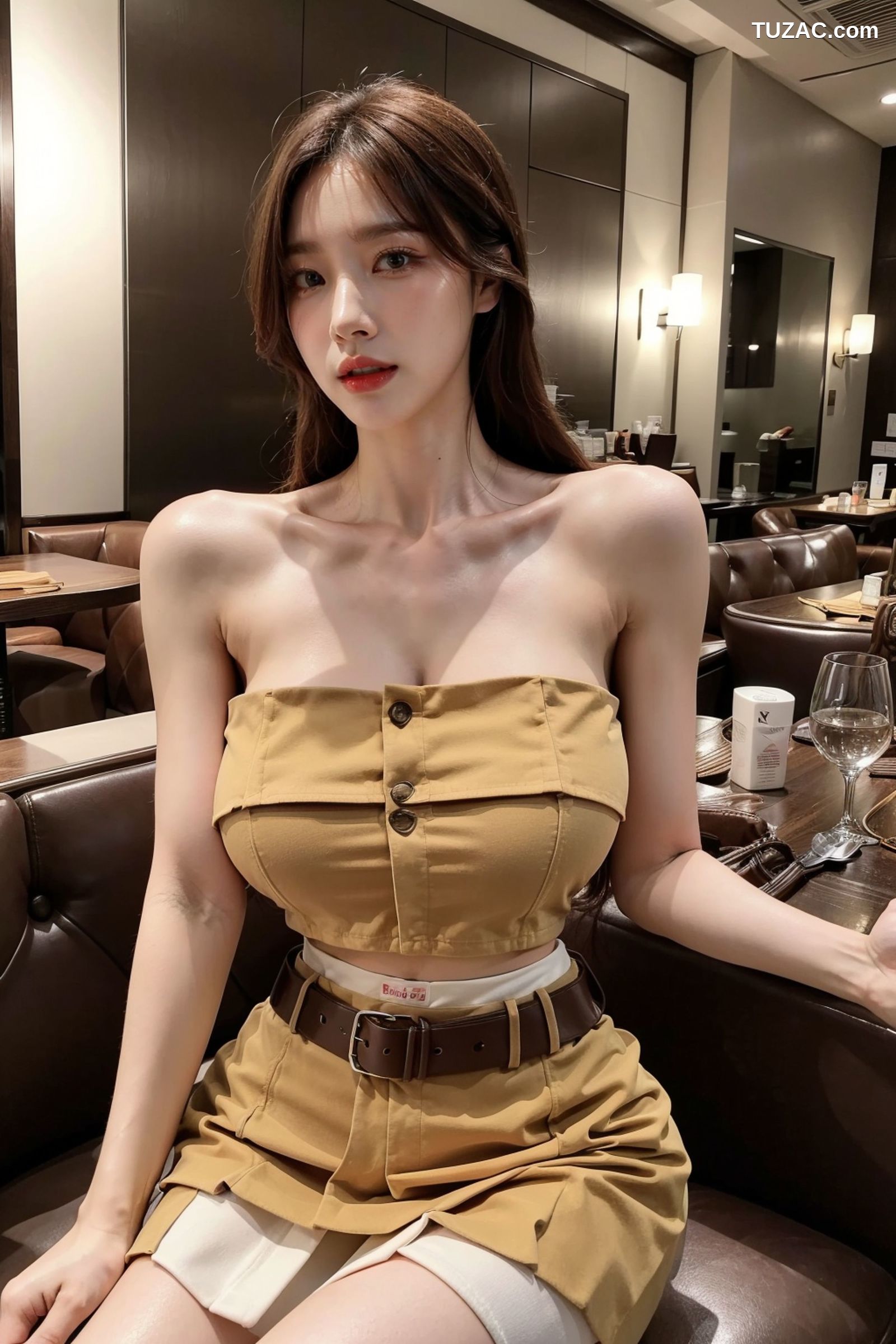 AI美女-拟实-韩风土黄抹胸短裙