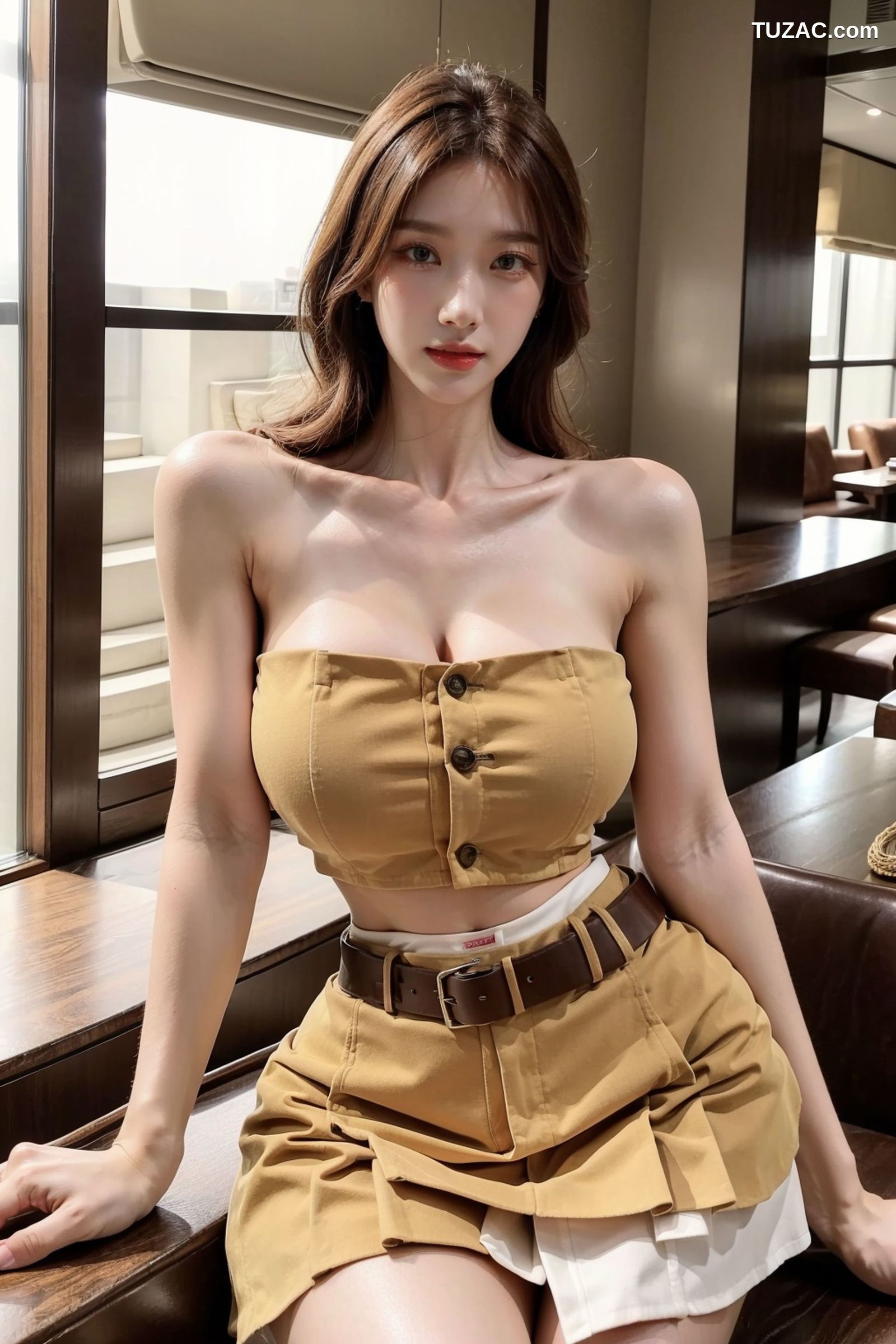 AI美女-拟实-韩风土黄抹胸短裙