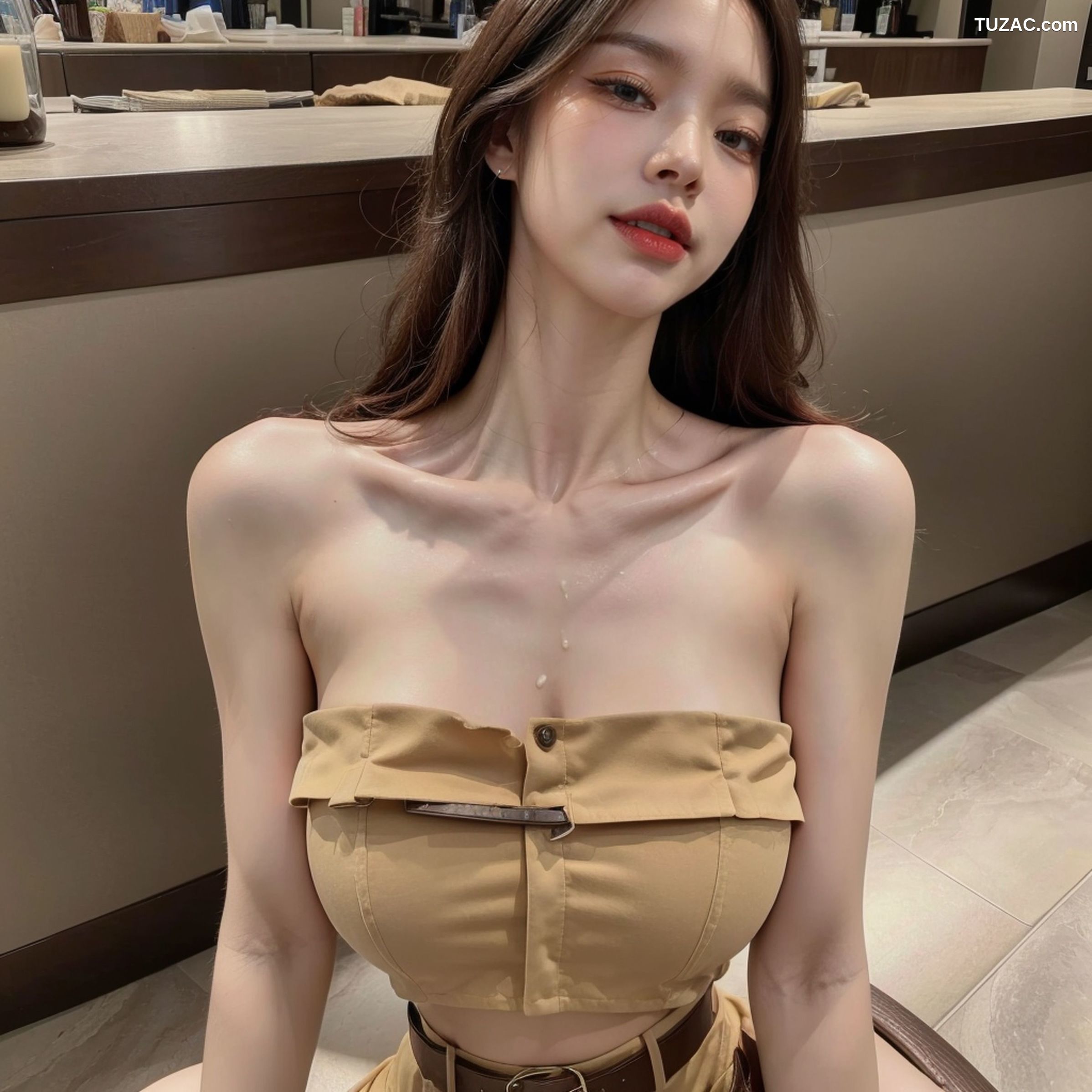 AI美女-拟实-韩风土黄抹胸短裙