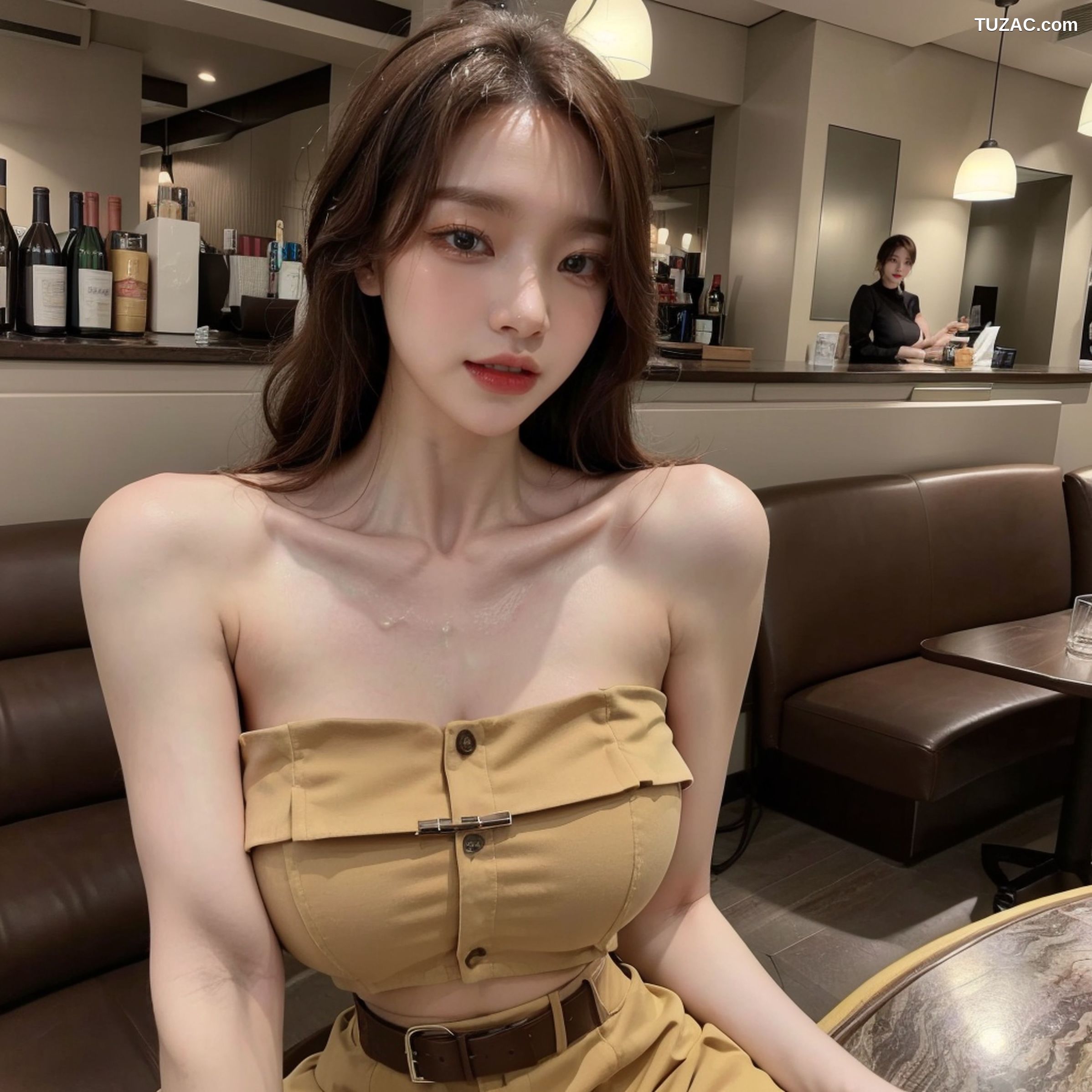 AI美女-拟实-韩风土黄抹胸短裙