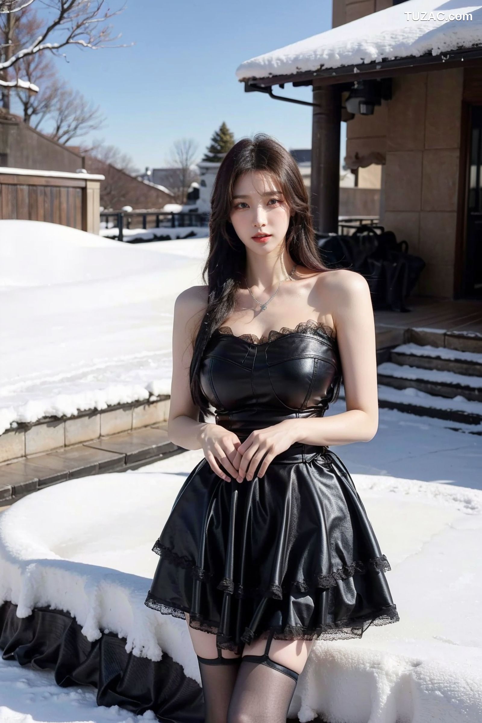 AI美女-拟实-黑色皮质抹胸连衣百褶裙