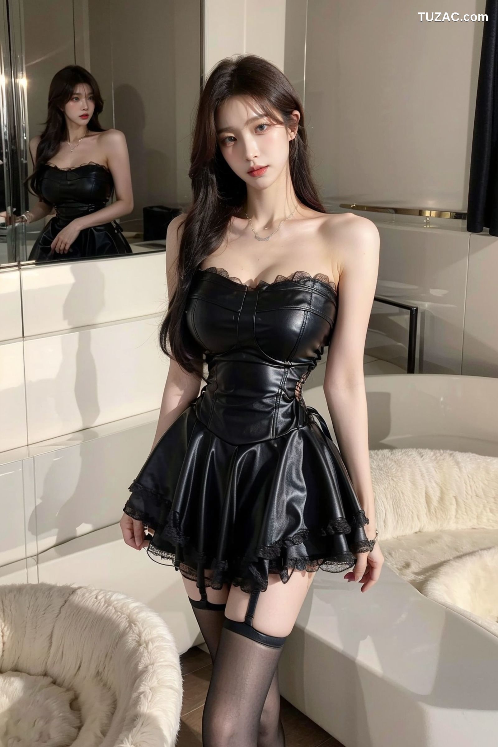 AI美女-拟实-黑色皮质抹胸连衣百褶裙