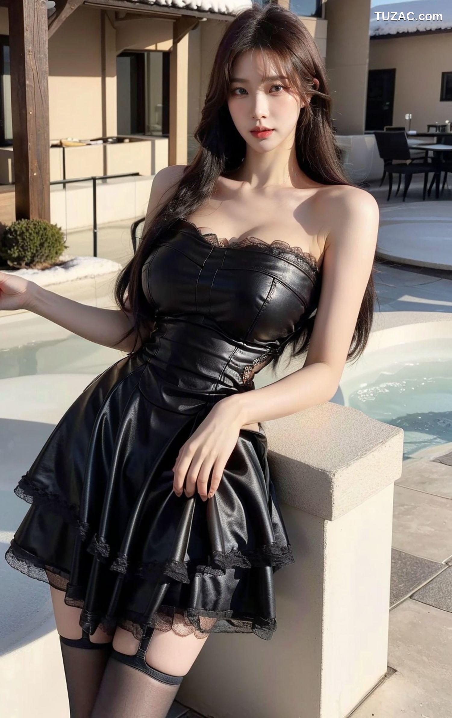 AI美女-拟实-黑色皮质抹胸连衣百褶裙