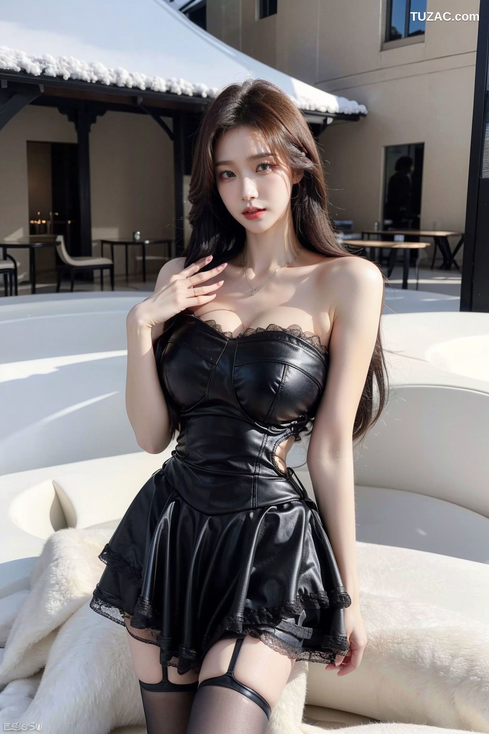 AI美女-拟实-黑色皮质抹胸连衣百褶裙