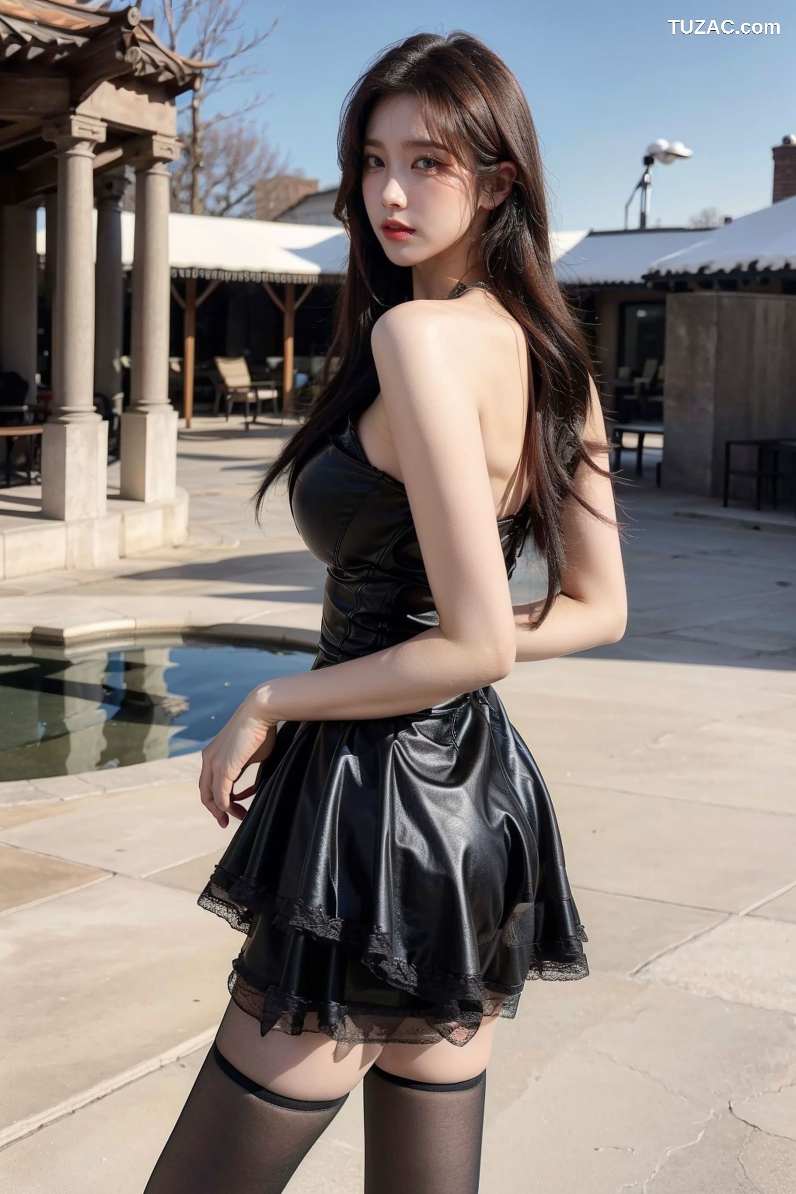 AI美女-拟实-黑色皮质抹胸连衣百褶裙