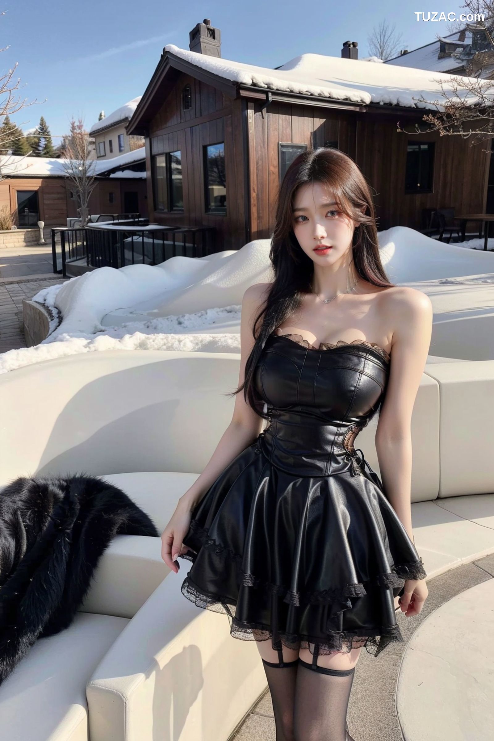 AI美女-拟实-黑色皮质抹胸连衣百褶裙