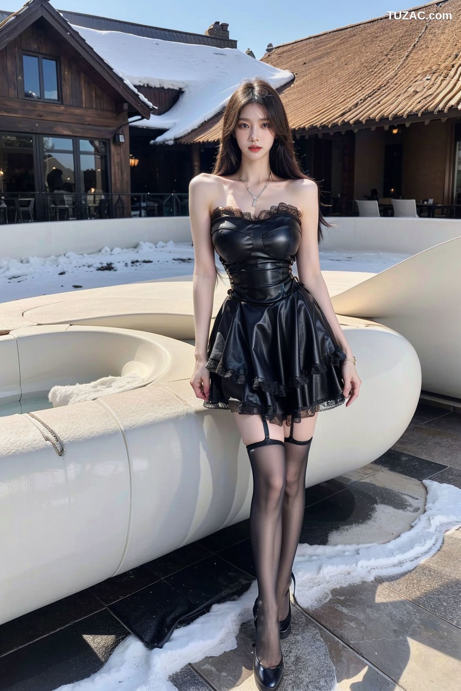 AI美女-拟实-黑色皮质抹胸连衣百褶裙