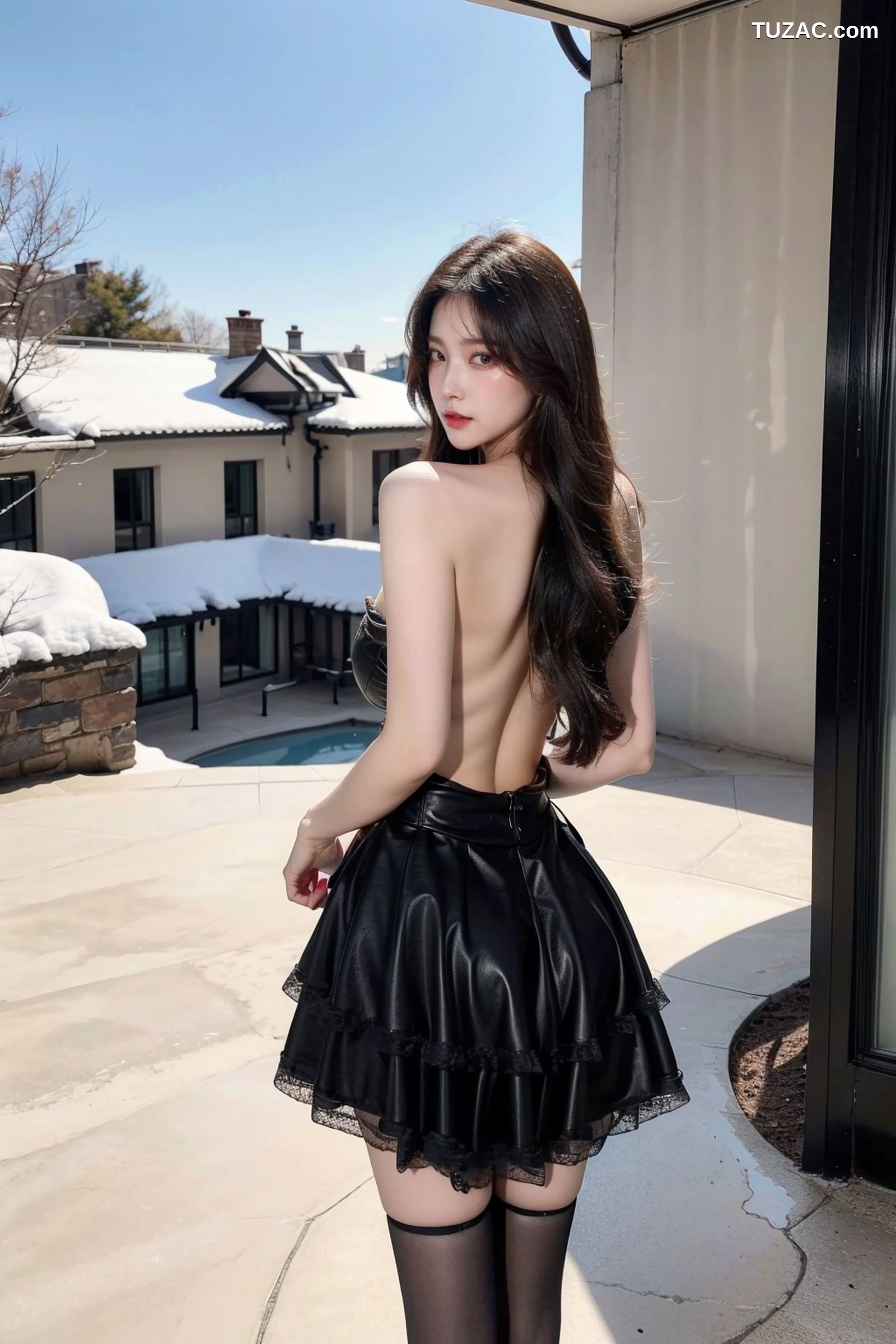 AI美女-拟实-黑色皮质抹胸连衣百褶裙