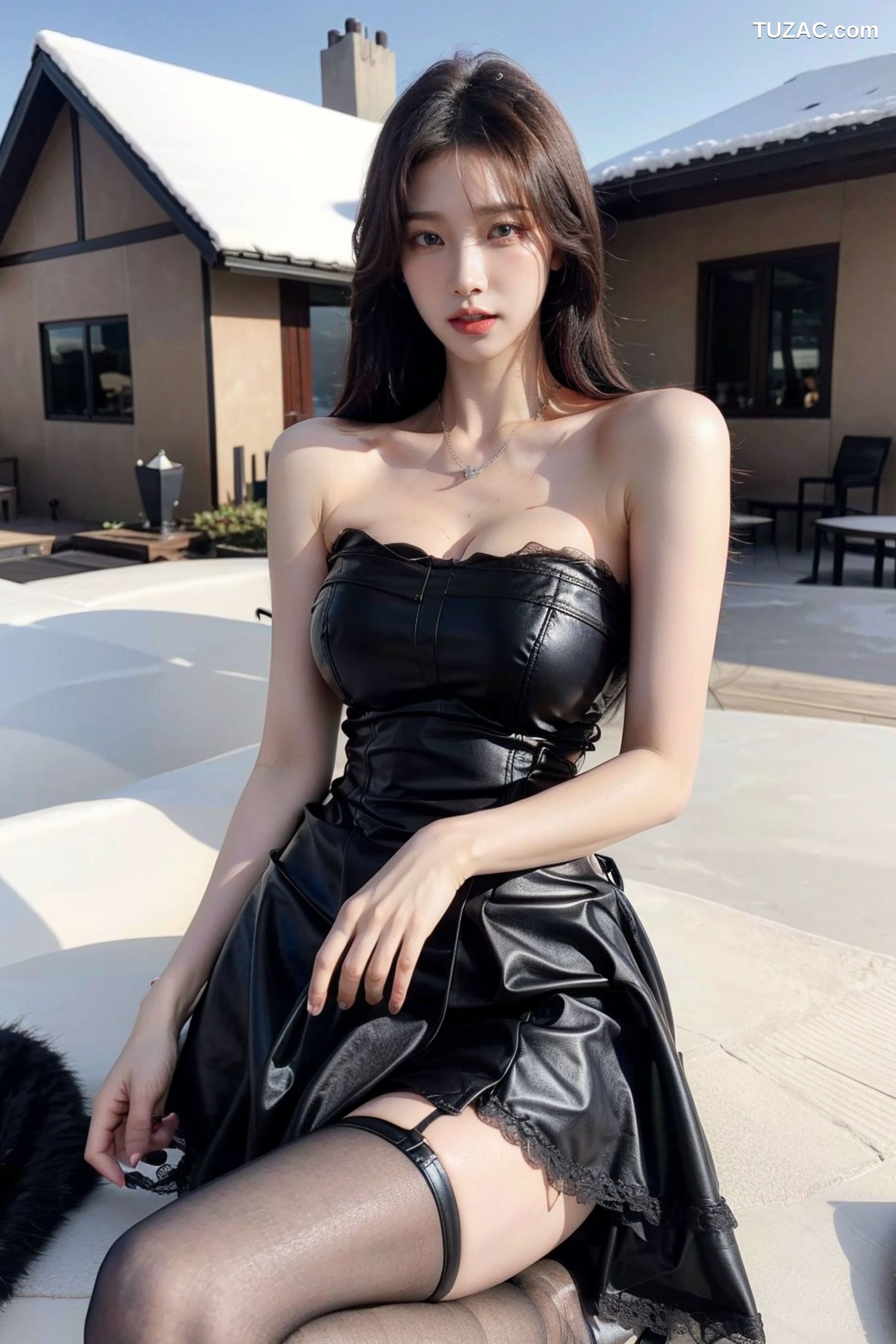 AI美女-拟实-黑色皮质抹胸连衣百褶裙