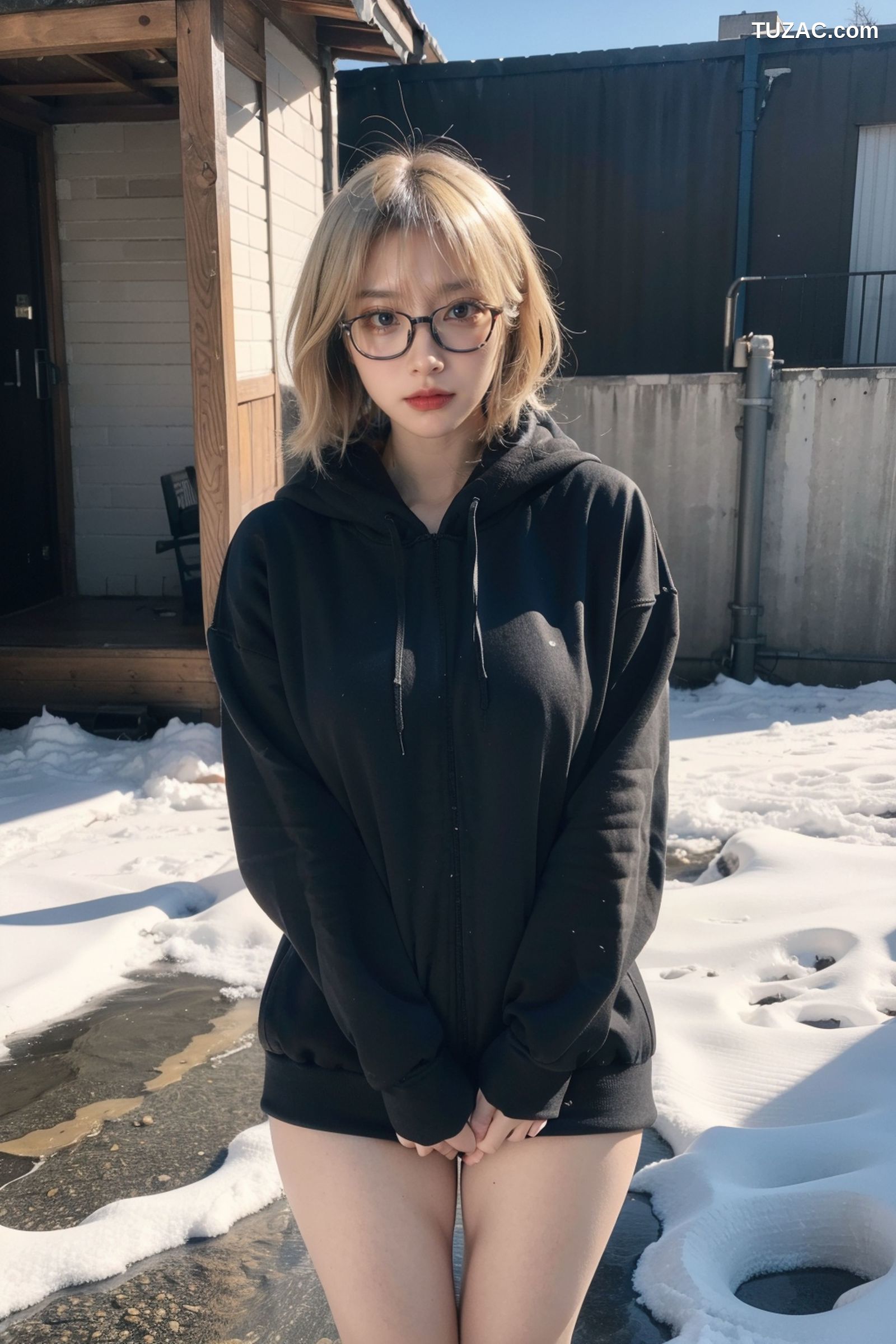 AI美女-拟实-黑色连帽衫女孩户外